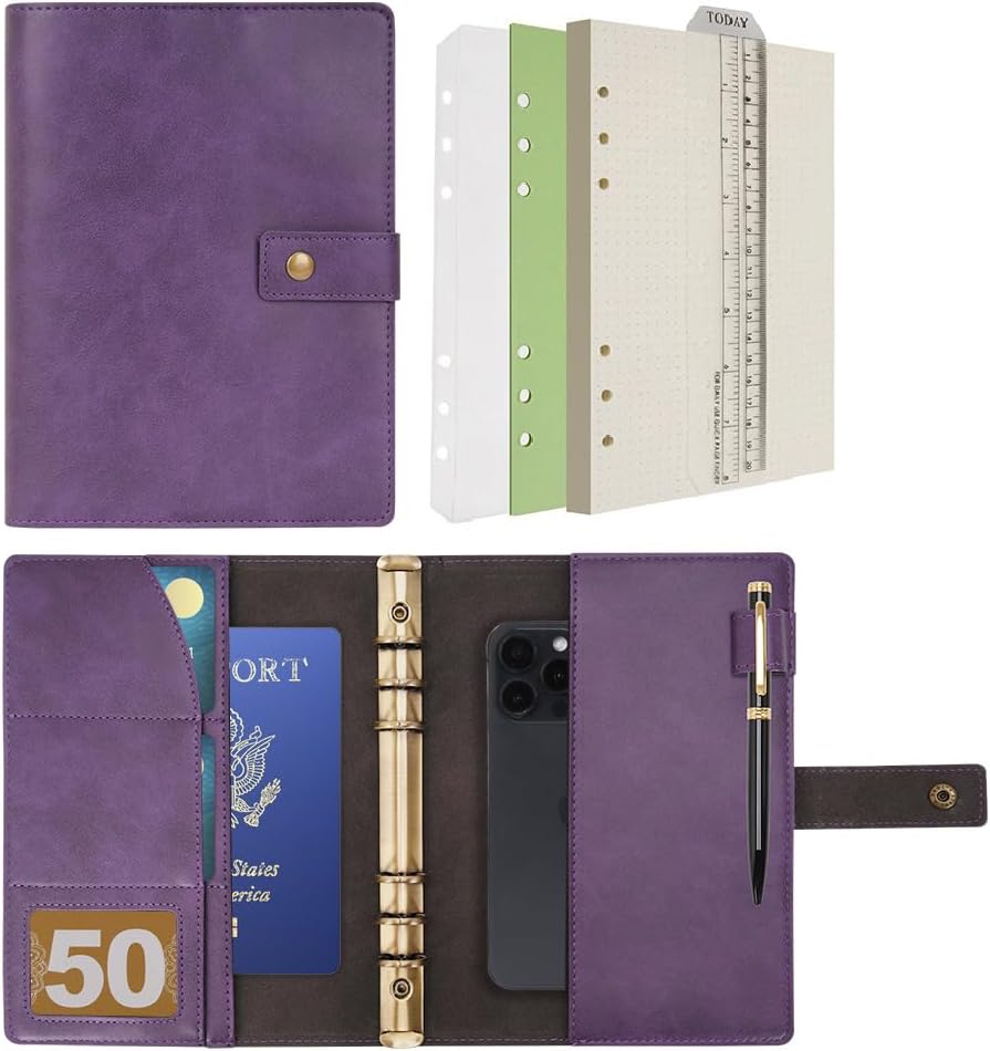 WONDERPOOL Leather Journal Dotted Paper Refillable Writing Binder Notebook - Leather Spiral Diary with Inner Organizer Pockets for Man and Woman (Purple, A5)