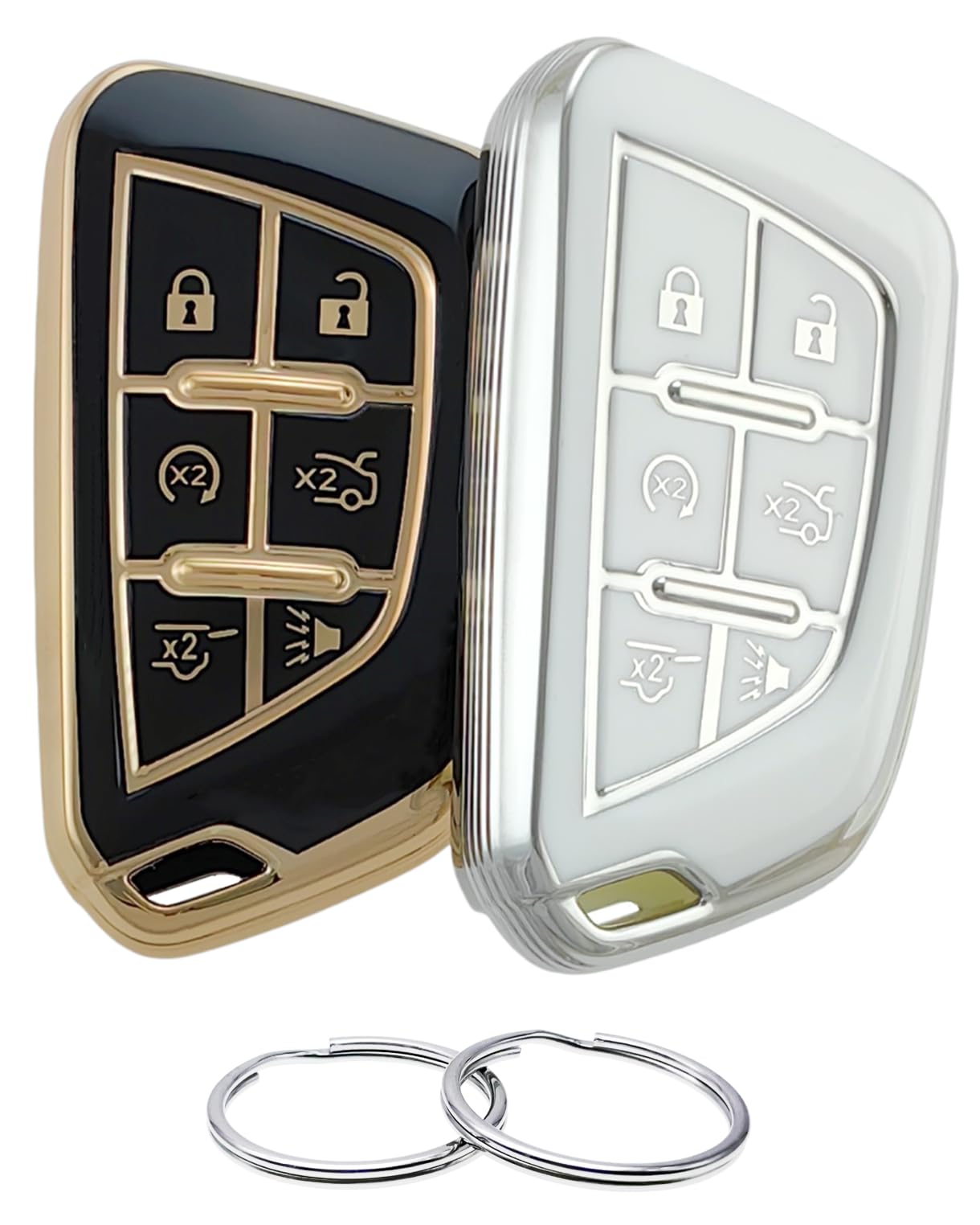 REPROTECTING TPU Key Fob Cover Compatible with Cadillac Escalade Escalade ESV (6 Buttons) (Black/Silver-White)