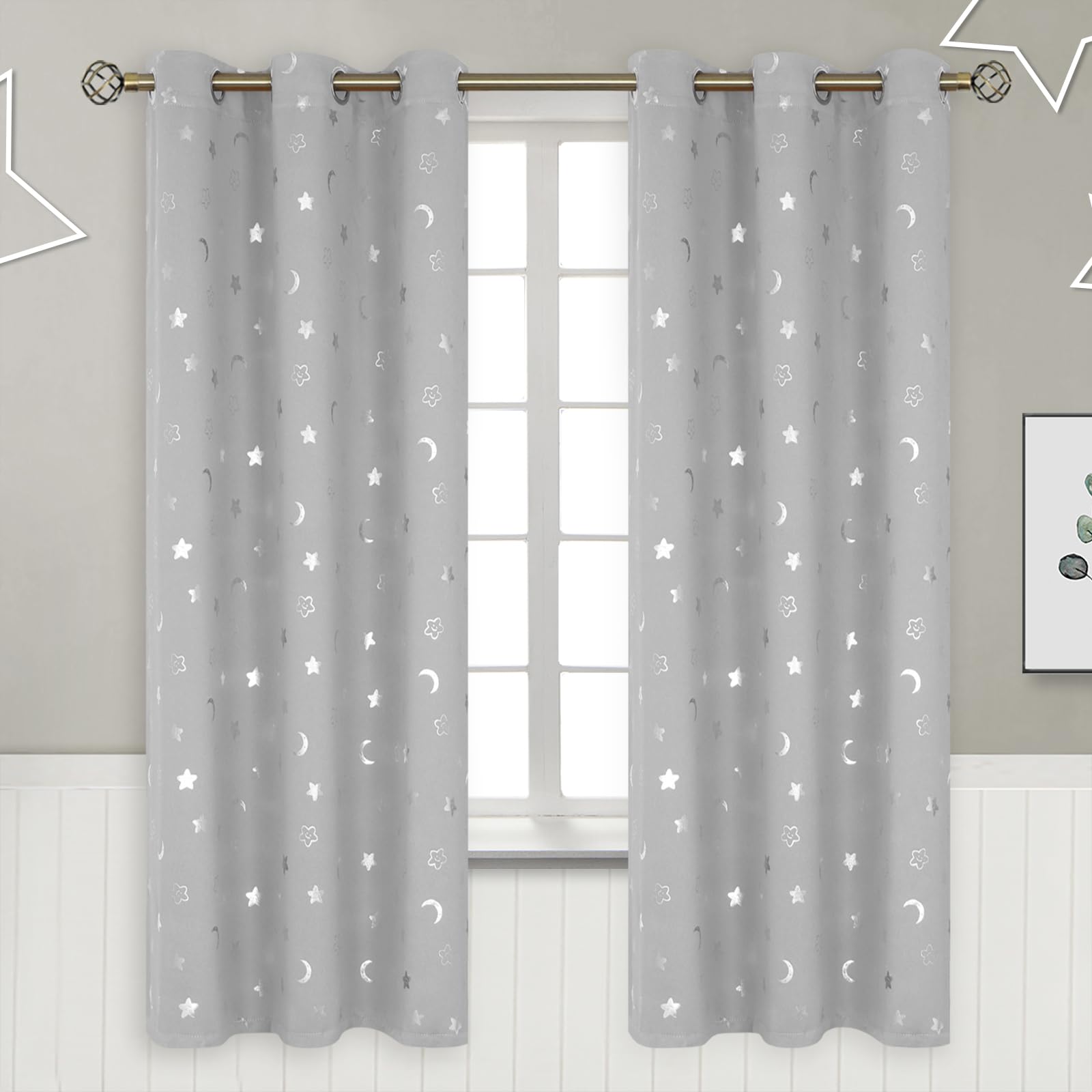 BGment Nursery Curtains for Kids Room, Star and Moon Blackout Curtains for Girls Boys Bedroom, Room Darkening Thermal Insulated Decoration Window Grommet Curtains, 2 Panels of 42 x 72 Inch, Light Grey