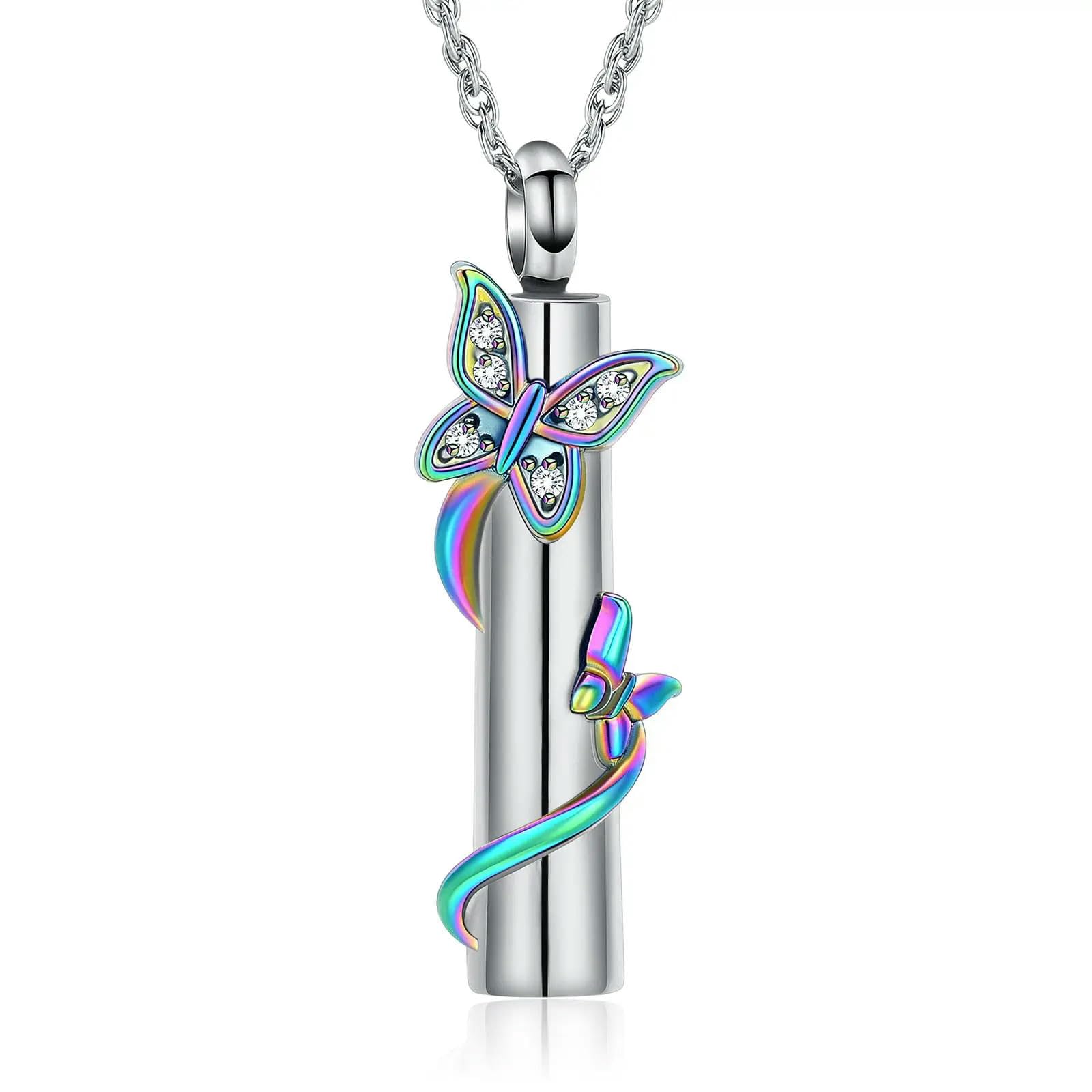 ADENLA Cremation Jewelry Butterfly Urn Necklace for Ashes for Women Cylinder Bar Urn Locket Ashes Keepsake Necklace of Loved One-Silver Colorful