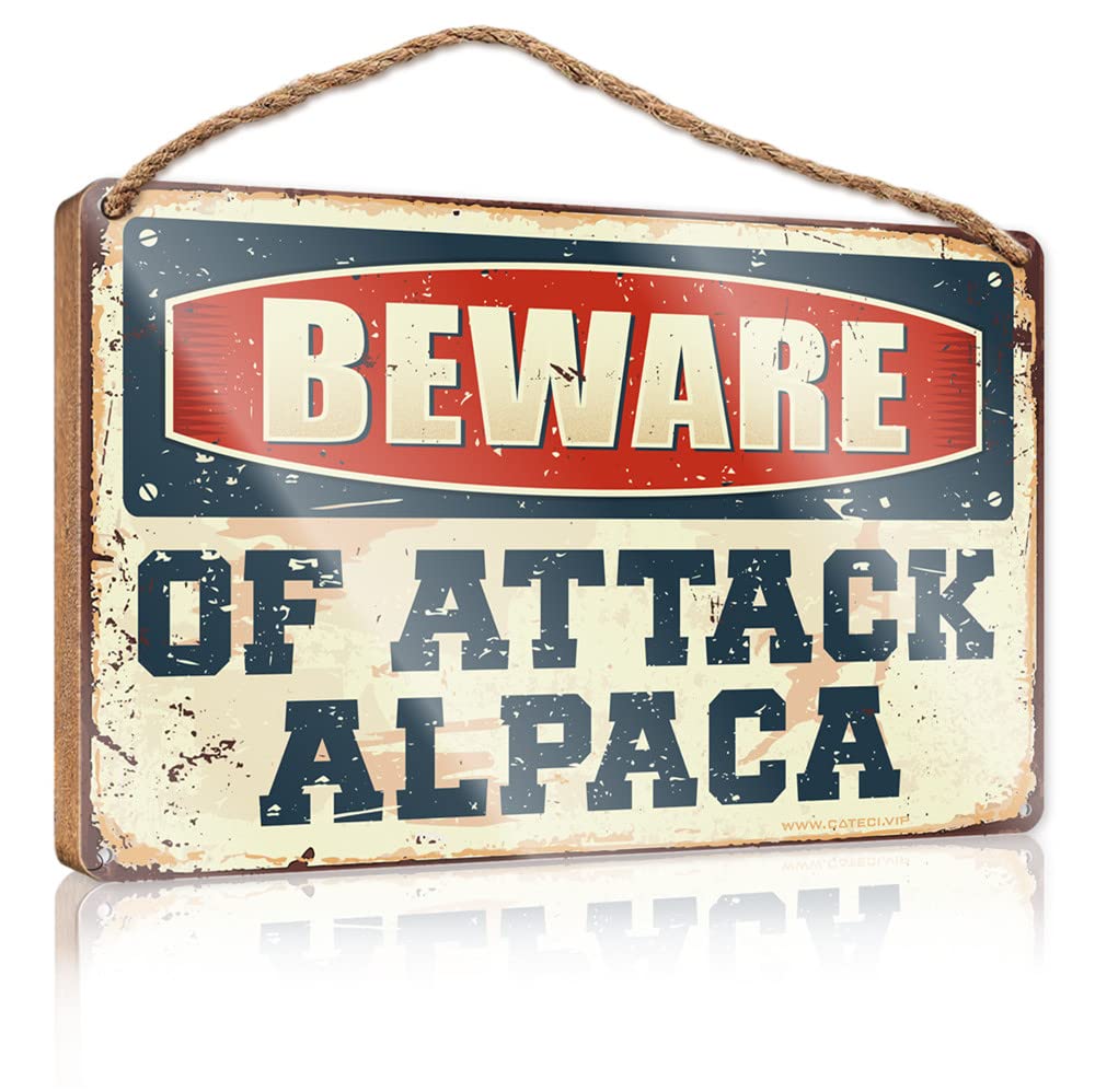 DTHA Plaque Sign Beware Of Attack Alpaca Wooden Sign Bar Signs For Home Decor Farmhouse Door Decor(23X35CM)