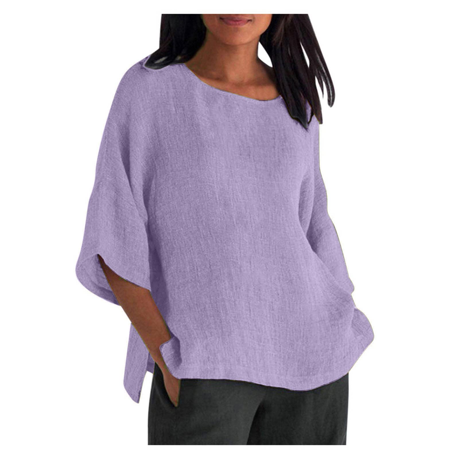 NUSGEAR Camiseta de Manga Corta Mujer Algodón y Lino Camisa Blusa Verano Moda Color sólido Cómodo Casual Suelto Cuello Redondo Tops 2024 T-Shirt Original Basic tee Talla Grande Ligero