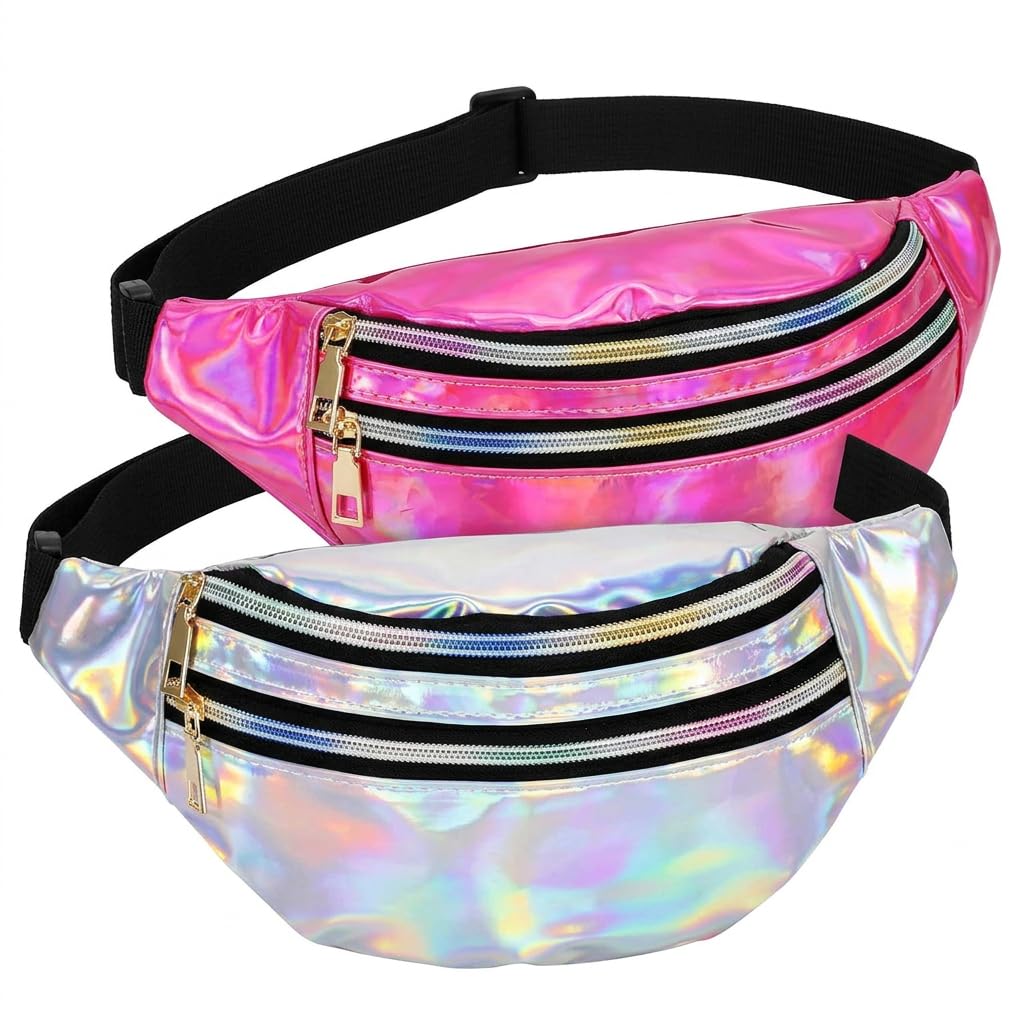 Juego de 2 riñoneras para mujer con purpurina (rosa + plata), riñonera impermeable para festival rave y atuendo de los años 80, riñonera ajustable para fiestas, viajes, deportes y carnaval
