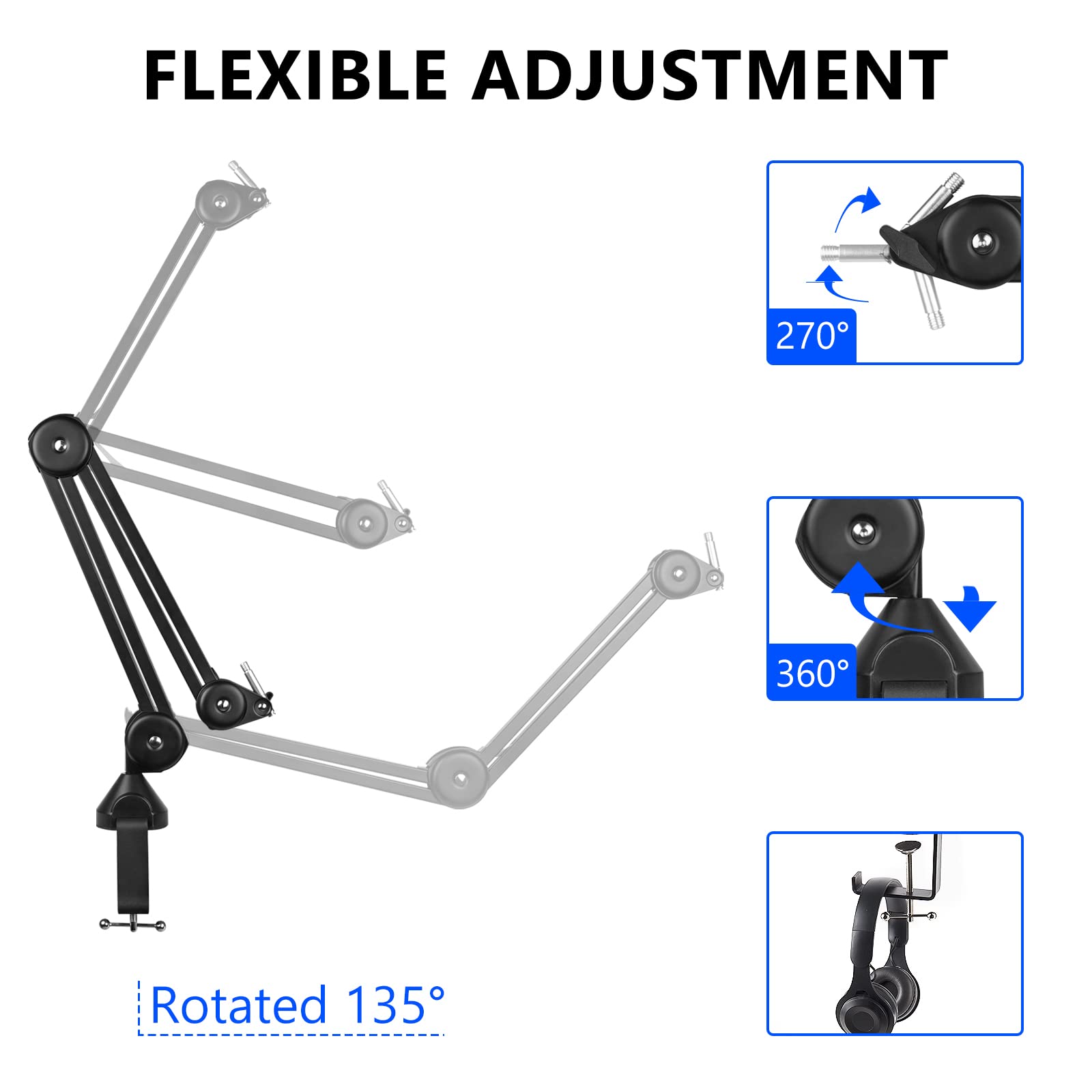 Geekria Bras de Microphone pour créateurs Compatible avec Fifine K669, K670 AmpliGame A6 - Adaptateur de Bras de Micro avec Bride de Table, Support de Suspension, Support de Montage de Bureau