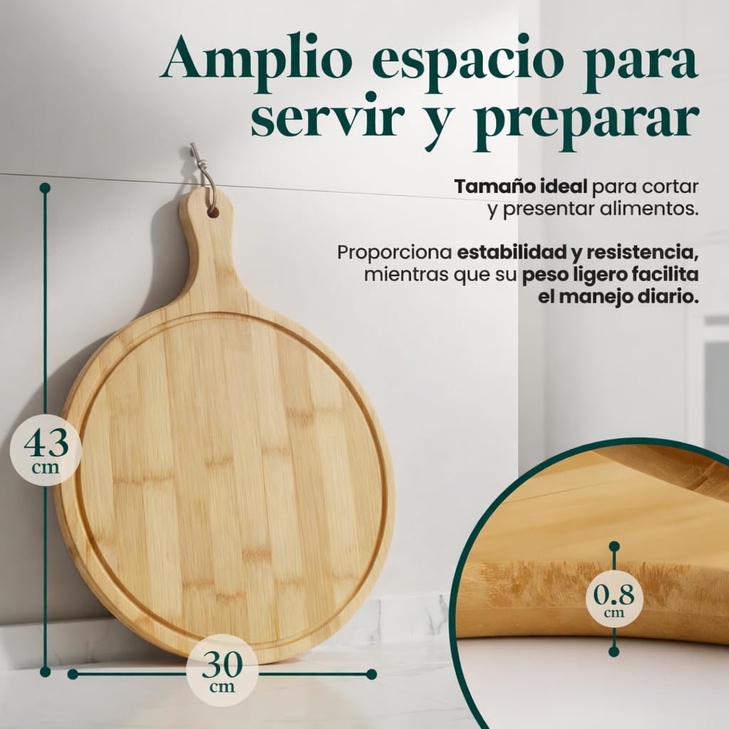 Pack 2 Tablas de Pizza Bambú 43 cm XL – Tabla Redonda para Cortar y Servir Pizza, Quesos y Aperitivos – Madera Natural Resistente — view 2