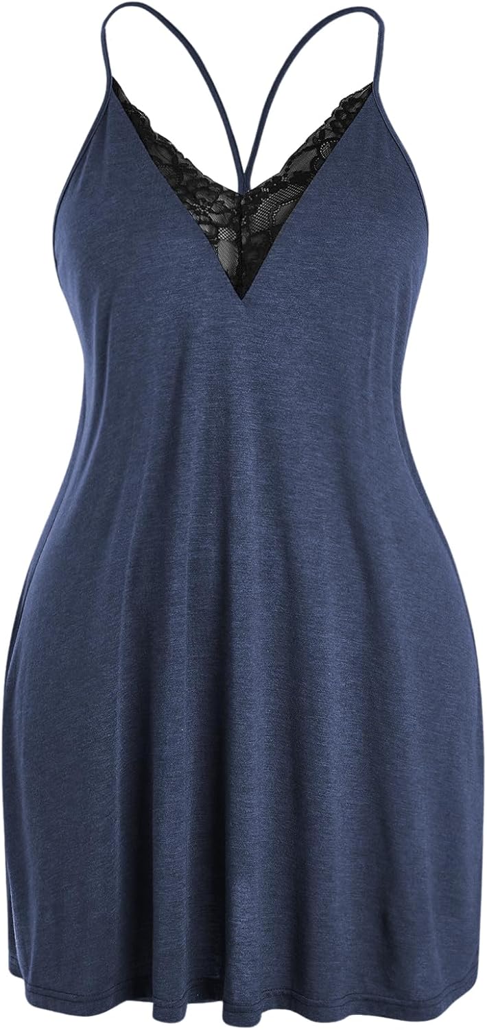COZYEASE Women's Plus Size Lace V Neck Cami Nightdress Spaghetti Strap Teddy Slip Dress Backless Chemise Nightgowns - Image 5