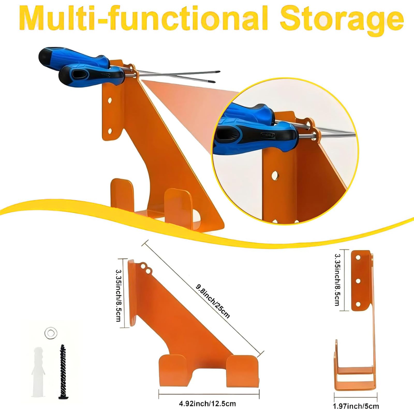 Soporte de pared para motosierra (juego de 2) – Soporte de hierro resistente hasta 68 kg, con protección de goma para asas, montaje horizontal/vertical, para garaje y taller (naranja)