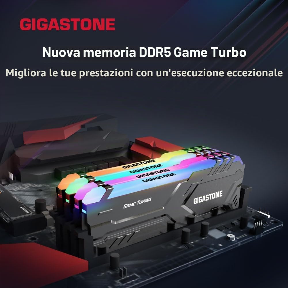 【RAM DDR5】Gigastone RGB Game Turbo Nero Desktop RAM 32GB (2x16GB) DDR5 32GB DDR5-6000MHz PC5-48000 CL40 1.35V 288 pin Unbuffered Non ECC UDIMM per PC Gaming modulo di memoria (SOLO Desktop)