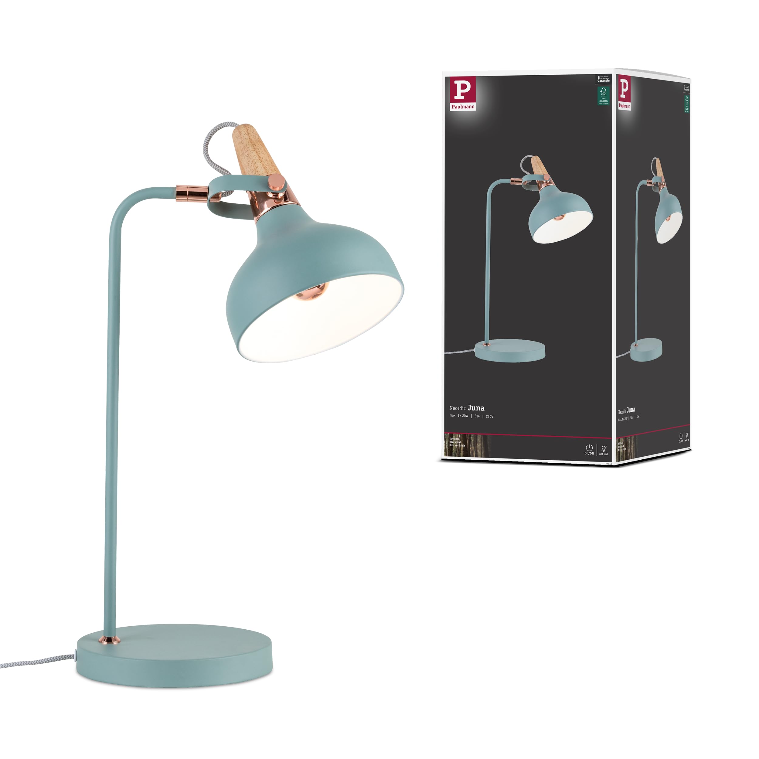 Neordic Juna Desk Lamp 1x20W E14 Green/Copper/Wood 79651