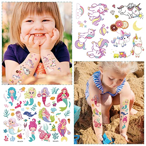 CAYUDEN Waterproof Kids Fake Tattoo Stickers, Mermaid Unicorn Glitter Tattoos Kit, Cartoon Temporary Tattoos for Boys & Girls - Image 2