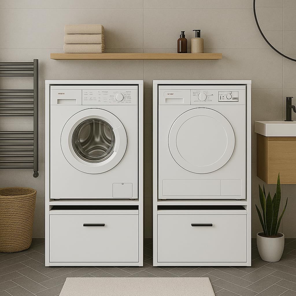 Bricozone Mobile Lavatrice Con Cassetto Integrato In Laminato Bianco 25 Mm Con Mensola Scorrevole Design Moderno Per Lavanderia O Bagno Salvaspazio Robusto E Facile Da Montare