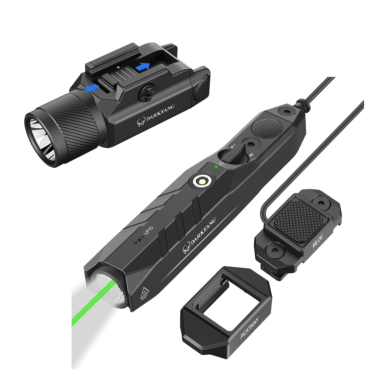 Darkfang Combo Laser Lumière Tactique 680 Lumens - Flash Stroboscopique Faisceau Rouge, Rail Picatinny, Rechargeable