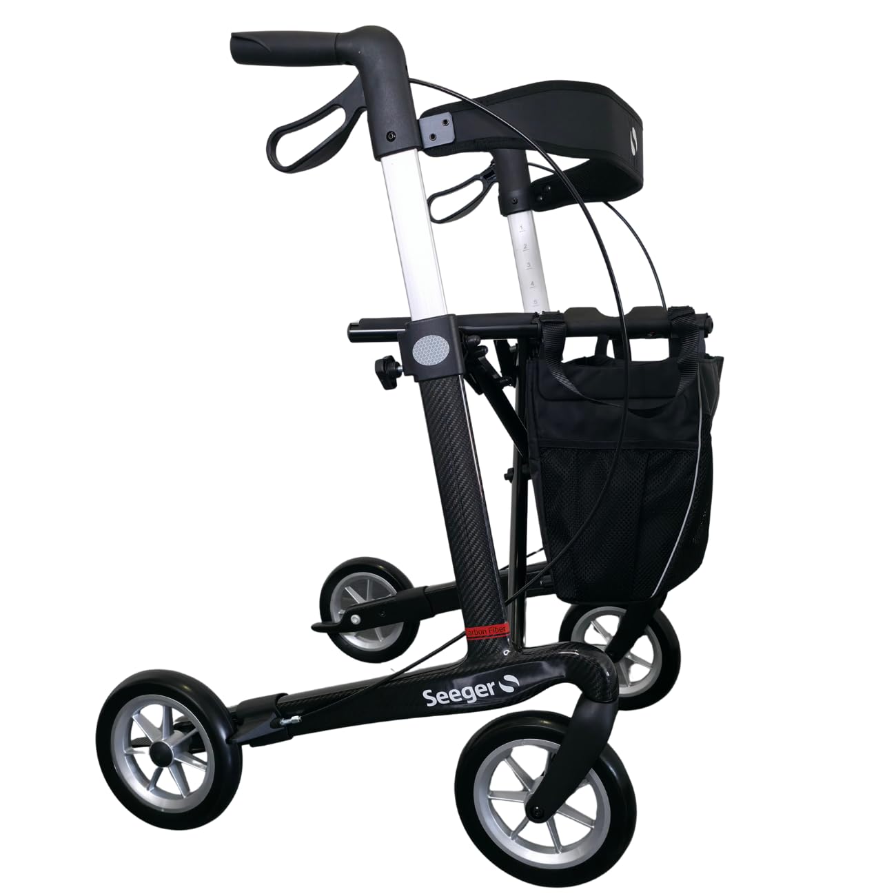 Rehasense Carbon Rollator Athlon SL, leicht & faltbar | für Innen & Außen | Leichtgewichtrollator in Premium-Ausführung inkl. Softräder & Rückengurt (Seeger Logo)