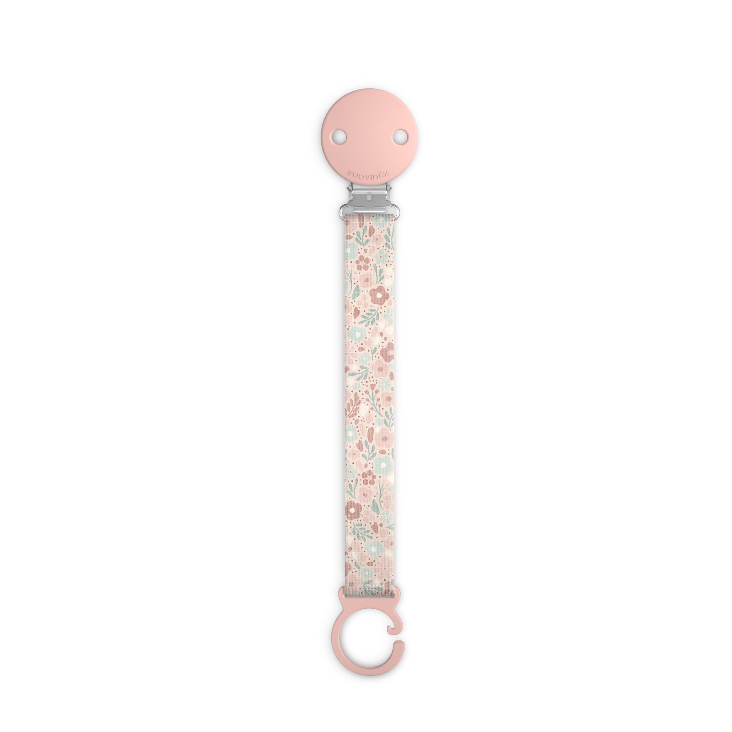 Suavinex, Portaciuccio in tessuto per neonati, Nastro con disegno double-face, Catenella per ciuccio, Clip con fermaglio, per ciucci con anello. +0 mesi, adatto ai neonati, Wonder Fiori Rosa