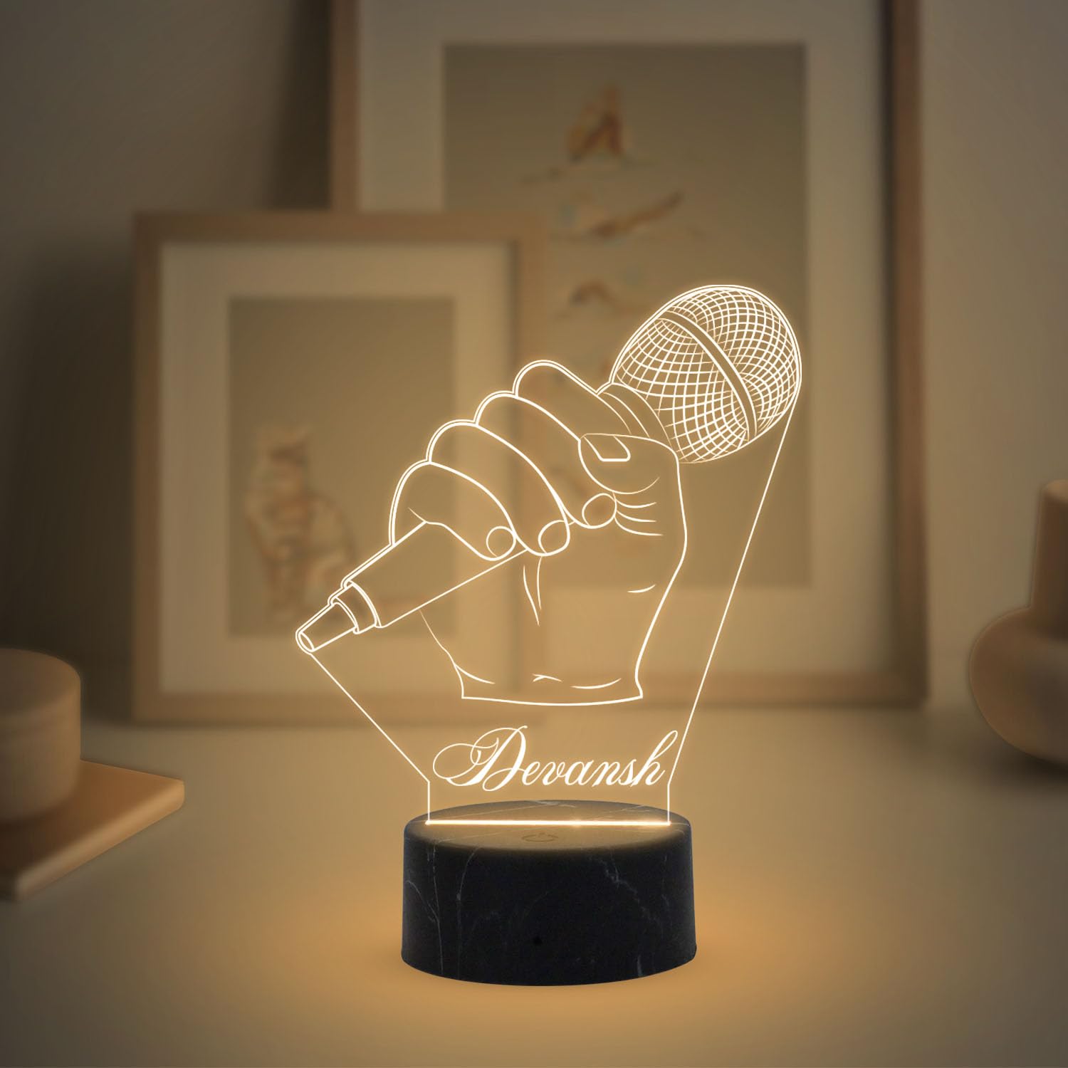 3D Illusion Microphone Night Lamp | Warm White LED Light for Music Lovers, Living Room, House Party, Hotel & Restaurant Décor | Black Base-image-18