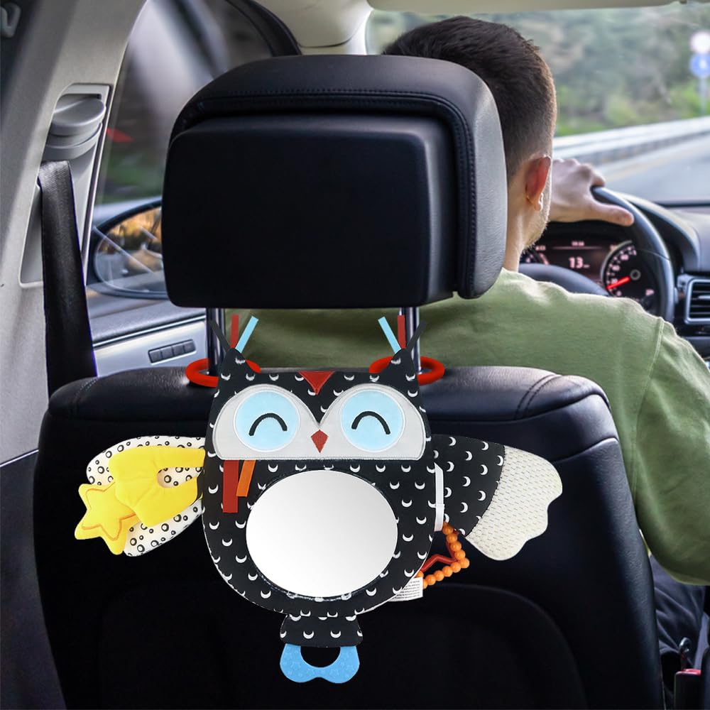 Giocattolo da Appendere per attività per Bambini con Specchio per Auto in-Sight, Regolabile per seggiolini Auto, passeggini, culle e Tempo sulla Pancia, con sonagli (Owl)