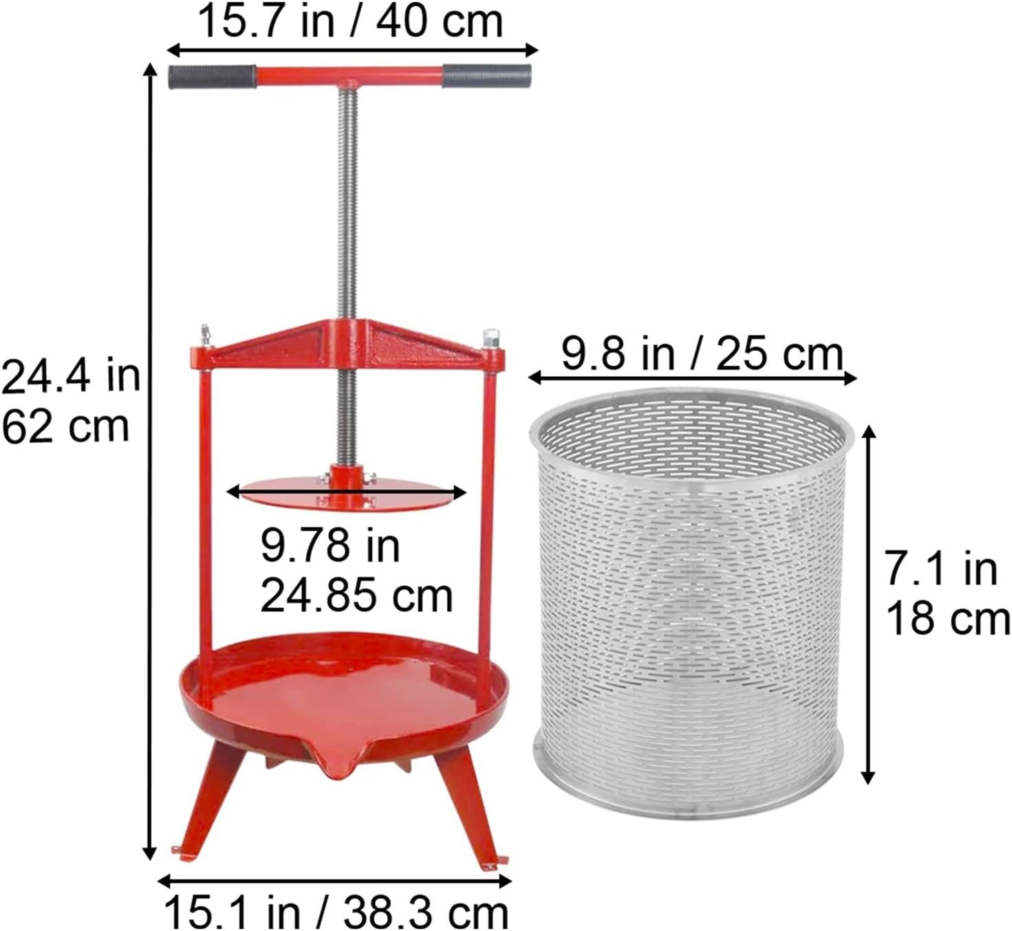 Fruit Wine Press Manual Press For Wine Making 1.3/2.4/3.7Gal 5/9/14L Stainless Steel Basket Red Silver Wine Grape Press,Powerful And Efficient(9L)