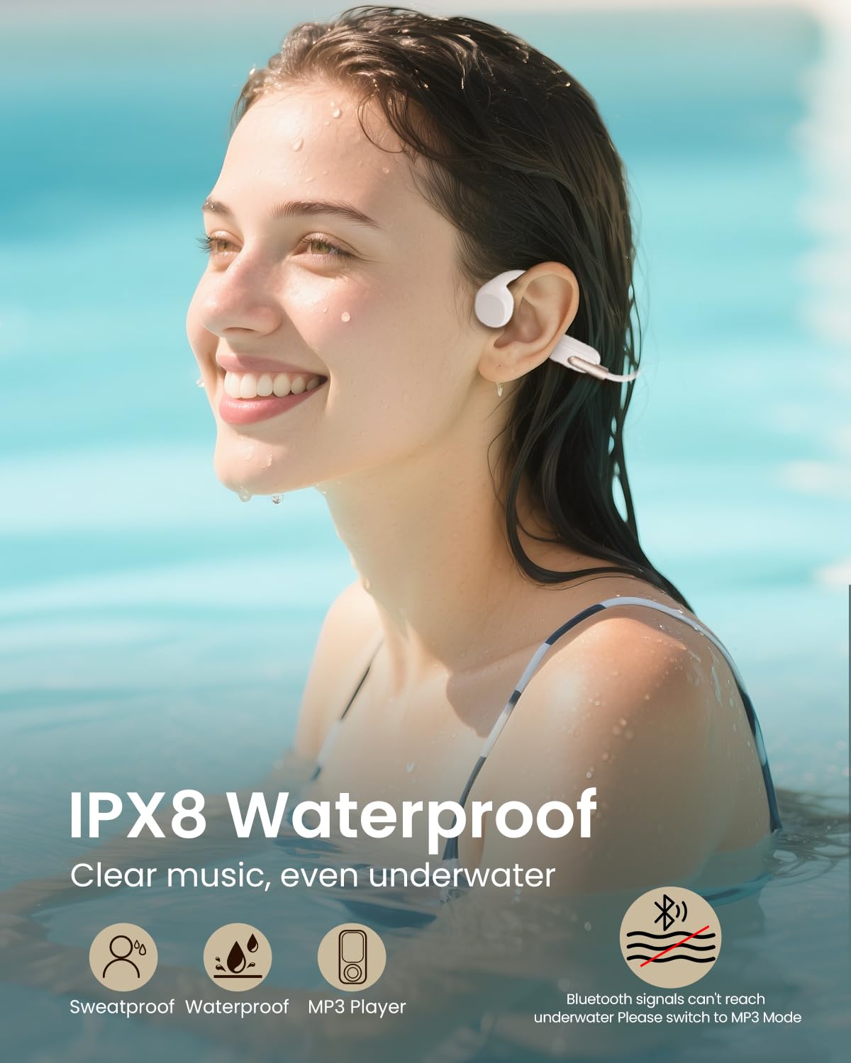 Casque Conduction Osseuse Natation Bluetooth 5.3, Écouteurs Piscine Étanches IPX8 avec MP3 32Go, Casque Sport Sans Fil Waterproof pour Course à Pied, Cyclisme, Nage, avec Micro, 8h Autonomie