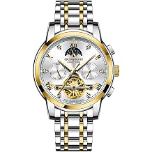 GUANQIN Men Skeleton Multifunctional Automatic Self-Wind Mechanical Rhinestone Watch Sapphire Business Double-Sided Hollow Waterproof Clock Moon Phase Steel or Leather Strap Wristwatch
