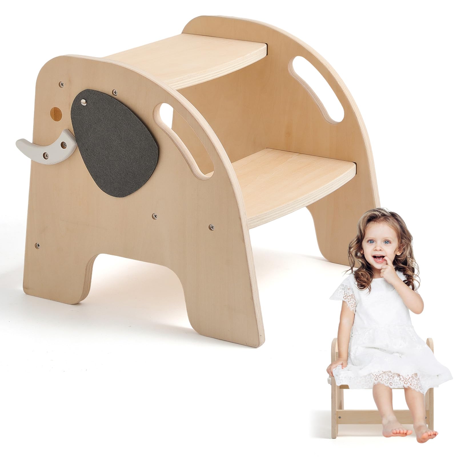 Promise Babe Tritthocker für Kinder Holz Lernturm Montessori Für Kinder Tritthocker 2 Stufen Baby Kleinkinderzimmer ab 2 Jahre Rutschfester Elefant Design Hocker Kinder Bad