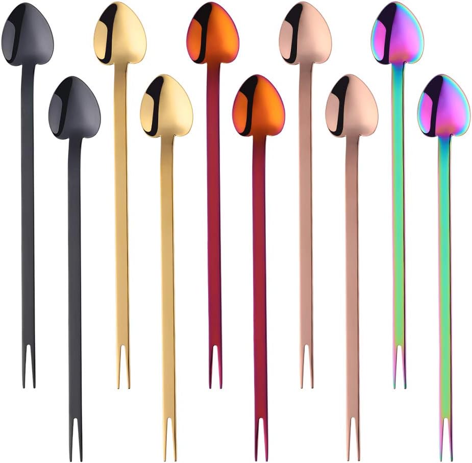 Bisda Long Handle Coffee Spoons, 2 in 1 Heart-Shaped Spoon with Fork, Stainless Steel Spoons Set Used for Stirring Latte Tea Ice Cream Sundaes Fruit fit in Tall Glass deep Cups 10pcs(Mix Color)