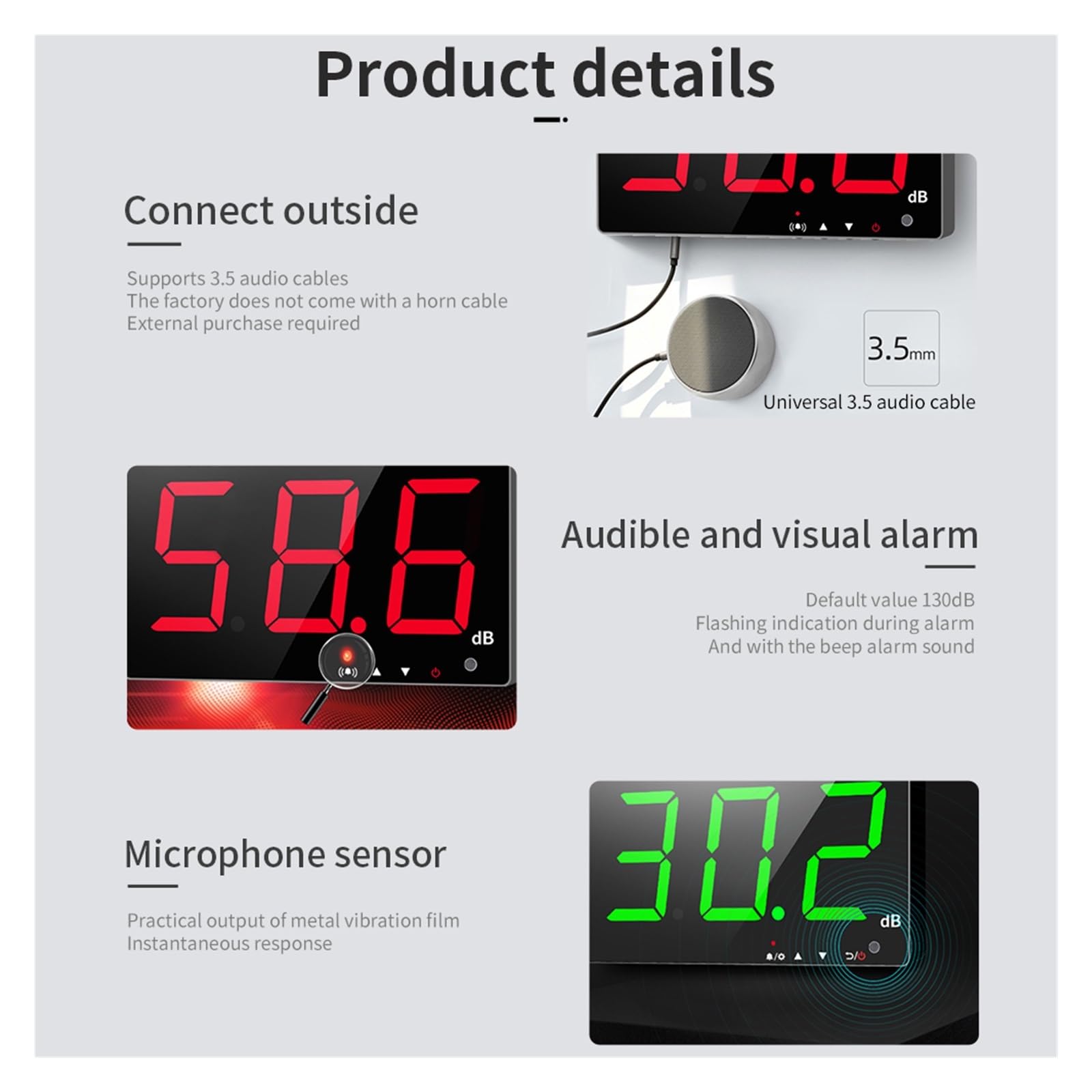 Fonometro digitale Misuratore di decibel livello sonoro a parete da 30 dB a 130 Tester professionale for il monitoraggio del rumore con allarme visivo acustico Tester del livello di rumore decibel