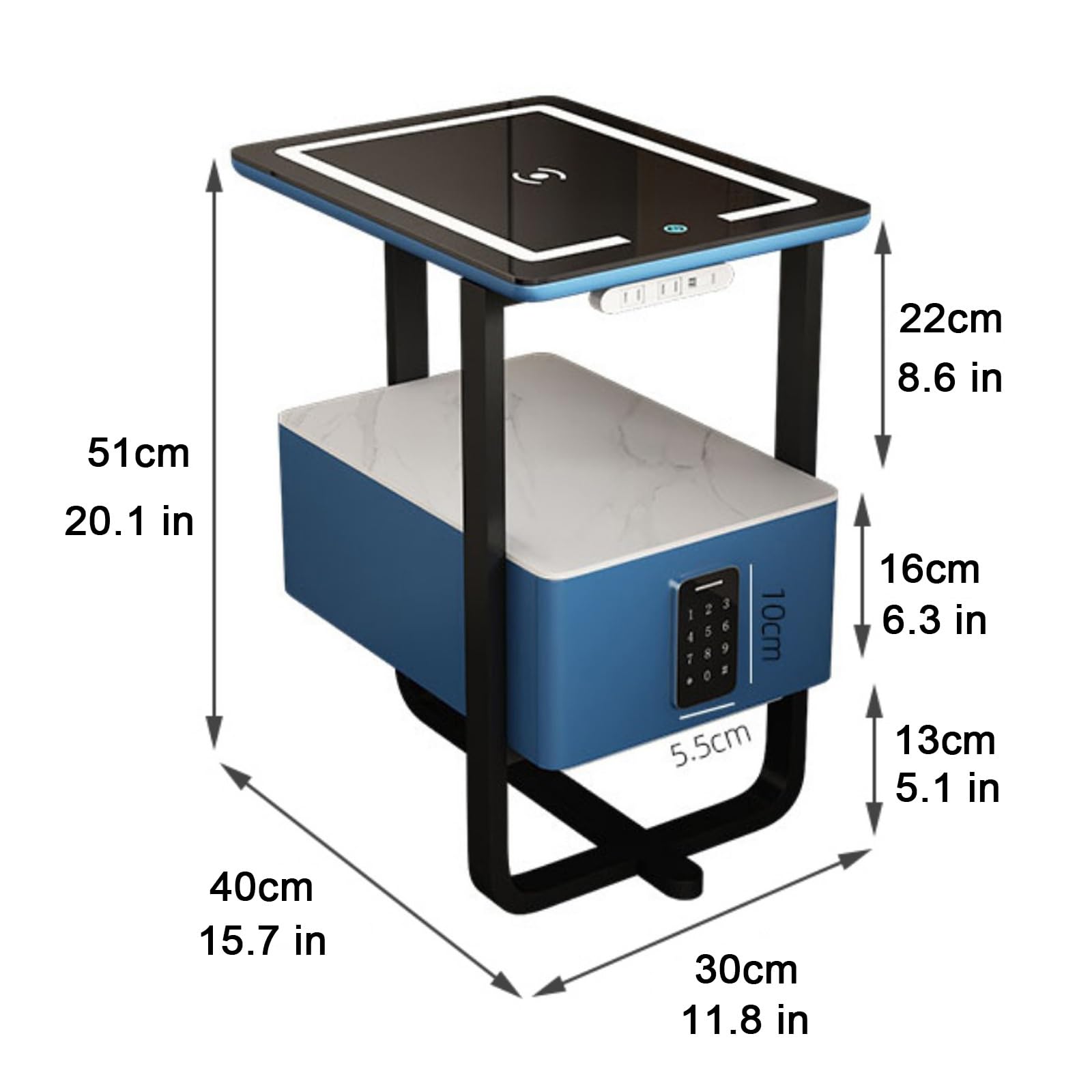 Inteligentna Stacja Ładująca Do Szafki Nocnej Z Zamkiem Szyfrowym – Stolik Nocny Z Wysokim Połyskiem, Z Portem Usb I Szufladami, Niebieski – 40 X 30 X 51 Cm