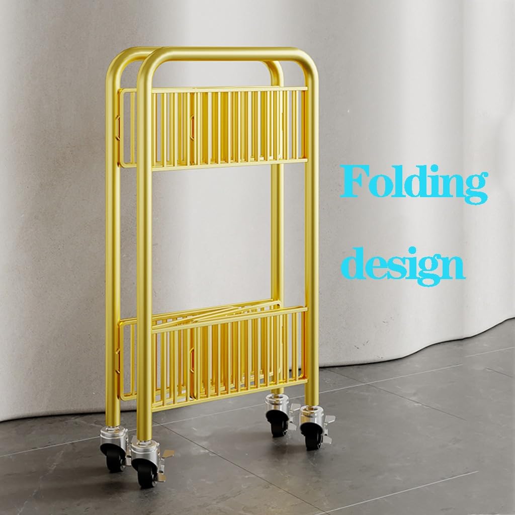 Carrello di Servizio Mobile a 2 Livelli, Pieghevole, con Ruote, Moderno mobiletto da Cucina per Sala da Pranzo, Carrello da Bar in Metallo (Colore: Oro)