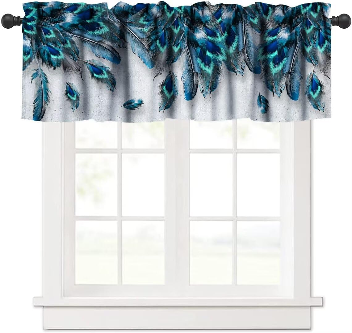 JanJCurt Peacock Feather Valance Curtain, Retro Blue Green Peacock Feathers Vintage Turquoise Print Blackout Short Window Treatment Drape for Living