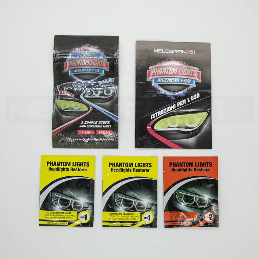 Kit Rigenerante per Fari Auto Phantom Lights Melograno51, 3 Salviette, Trattamento Professionale 5 Minuti