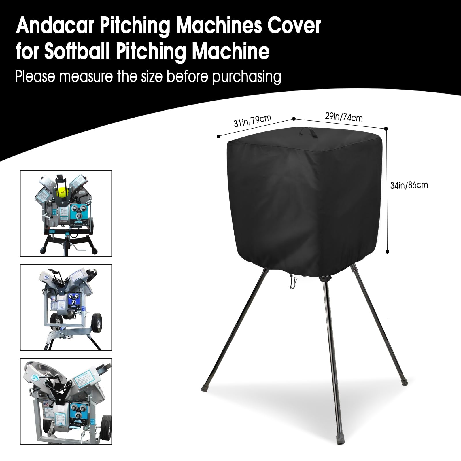 Andacar Pitching Machines Cover for Sports Attack Junior Hack Attack Softball Pitching Machine, 600D Waterproof Baseball Pitching Machines Cover, 31 x 29 x 34 in, Black