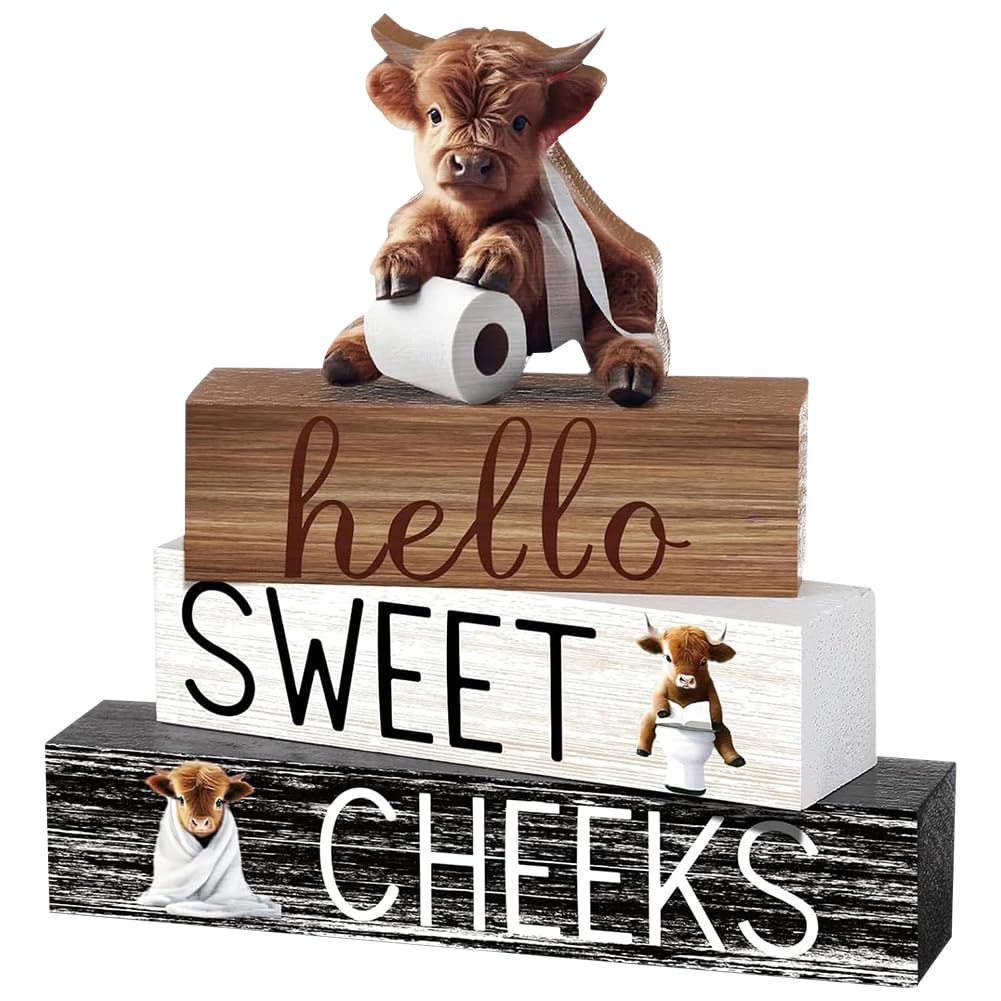 HATFRYF Highland Cow Decor Set, 4PCS Highland Cow Ornaments Decor, Wooden Home Ornaments for Living Room & Bedroom, Bathroom Decor with Farmhouse Style, Hello Sweet Cheeks Table Decoration