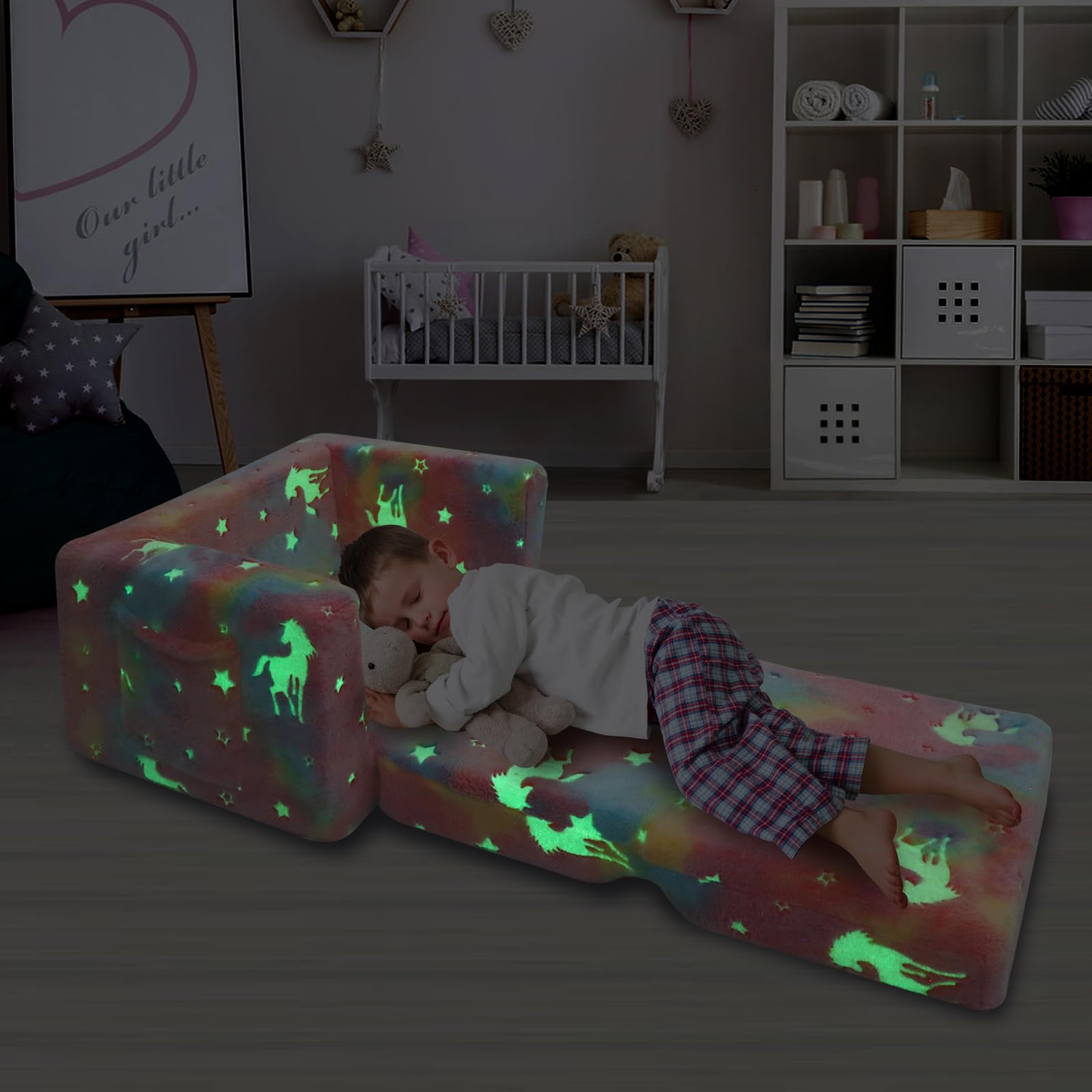 SLIGUY Sofá Plegable para Niños, Convertible a Tumbona, Extraíble y Brillante en la Oscuridad - Regalo para Pequeños (Unicornio Rosa)