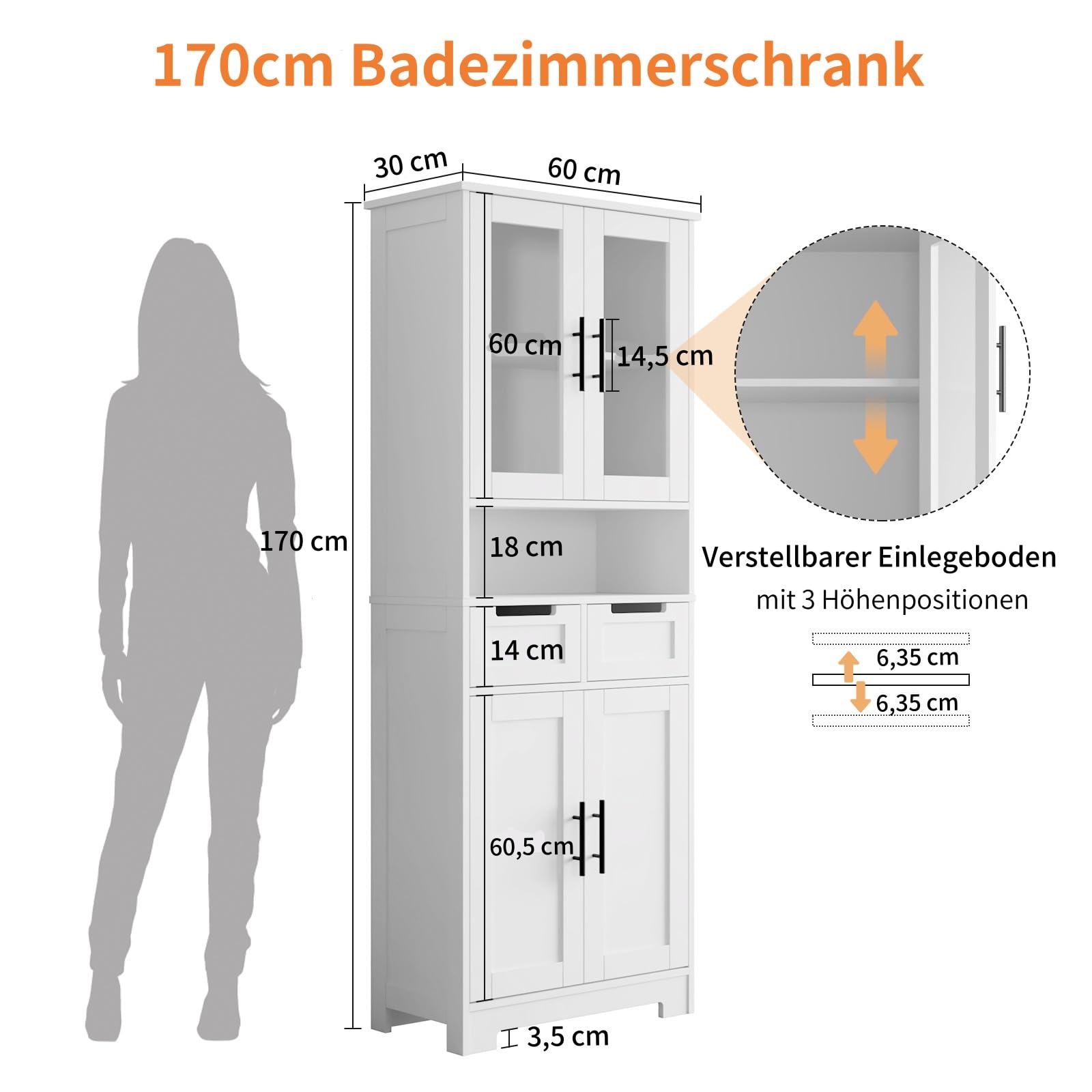 Bonnlo Küchenschrank, Vitrinenschrank, Hochschrank mit 4 Türen und 2 Schubladen, wohnzimmerschrank, für Wohnzimmer Küche Esszimmer Büro, 170x 60x30cm, Weiß