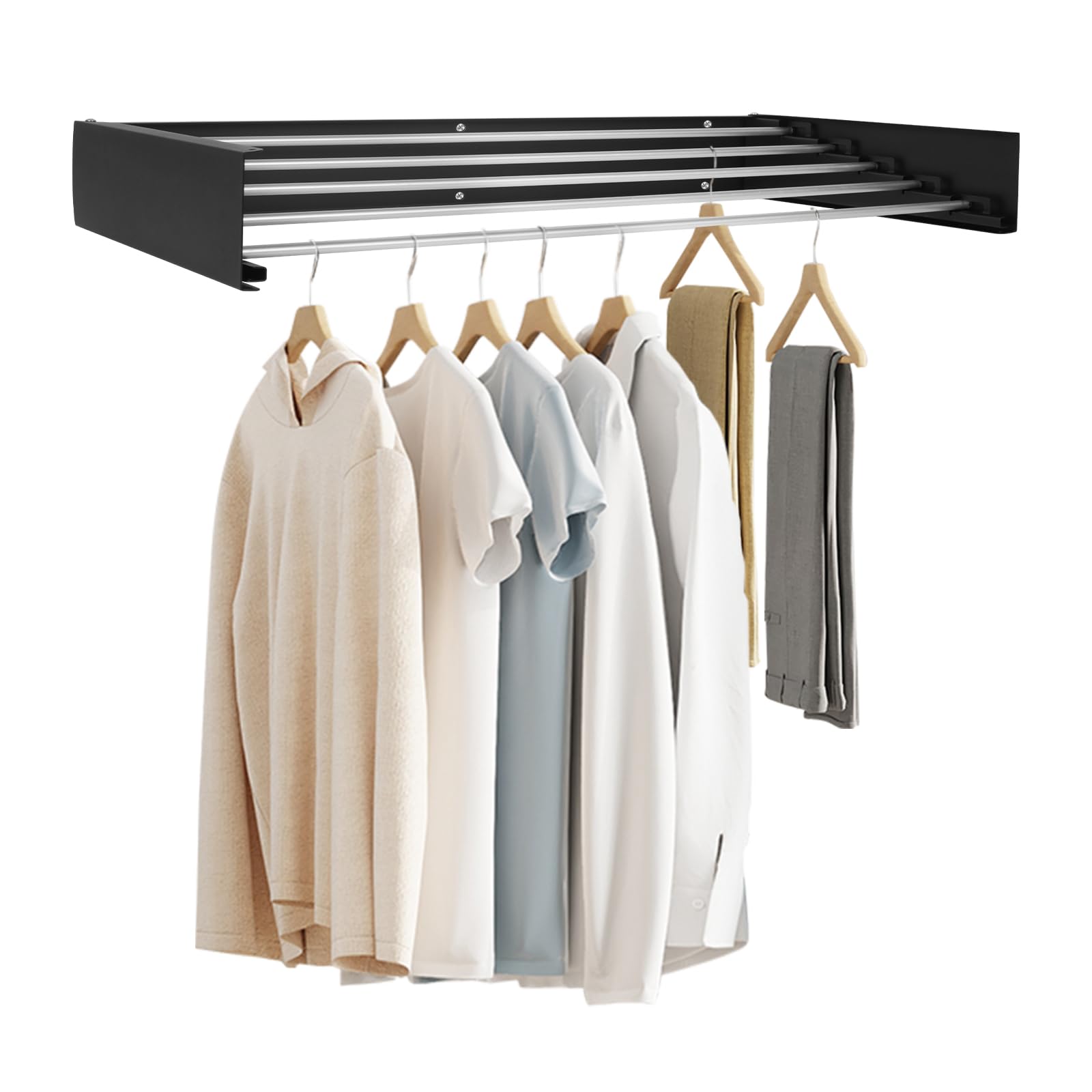 Séchoir à Linge Mural, Étendoir à Linge Rétractable, Séchoir à Linge Pliable pour Intérieur et Extérieur, Economiseur d'espace Design Compact et Élégant (Noir, 80cm)