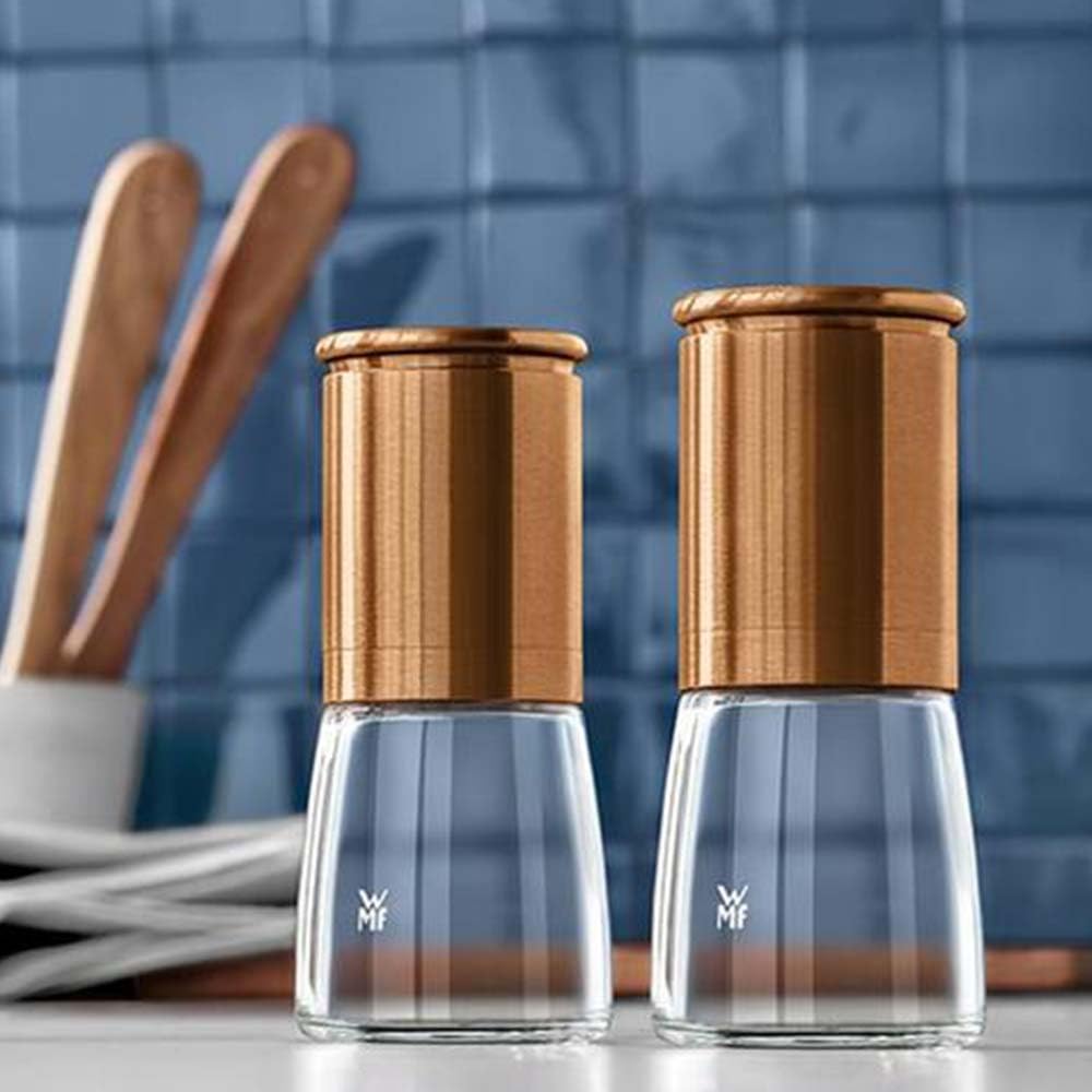 WMF De Luxe - Set di 2 macinasale e pepe in vetro, 14 cm, macinino in ceramica, macinino per sale, pepe, peperoncino, rame