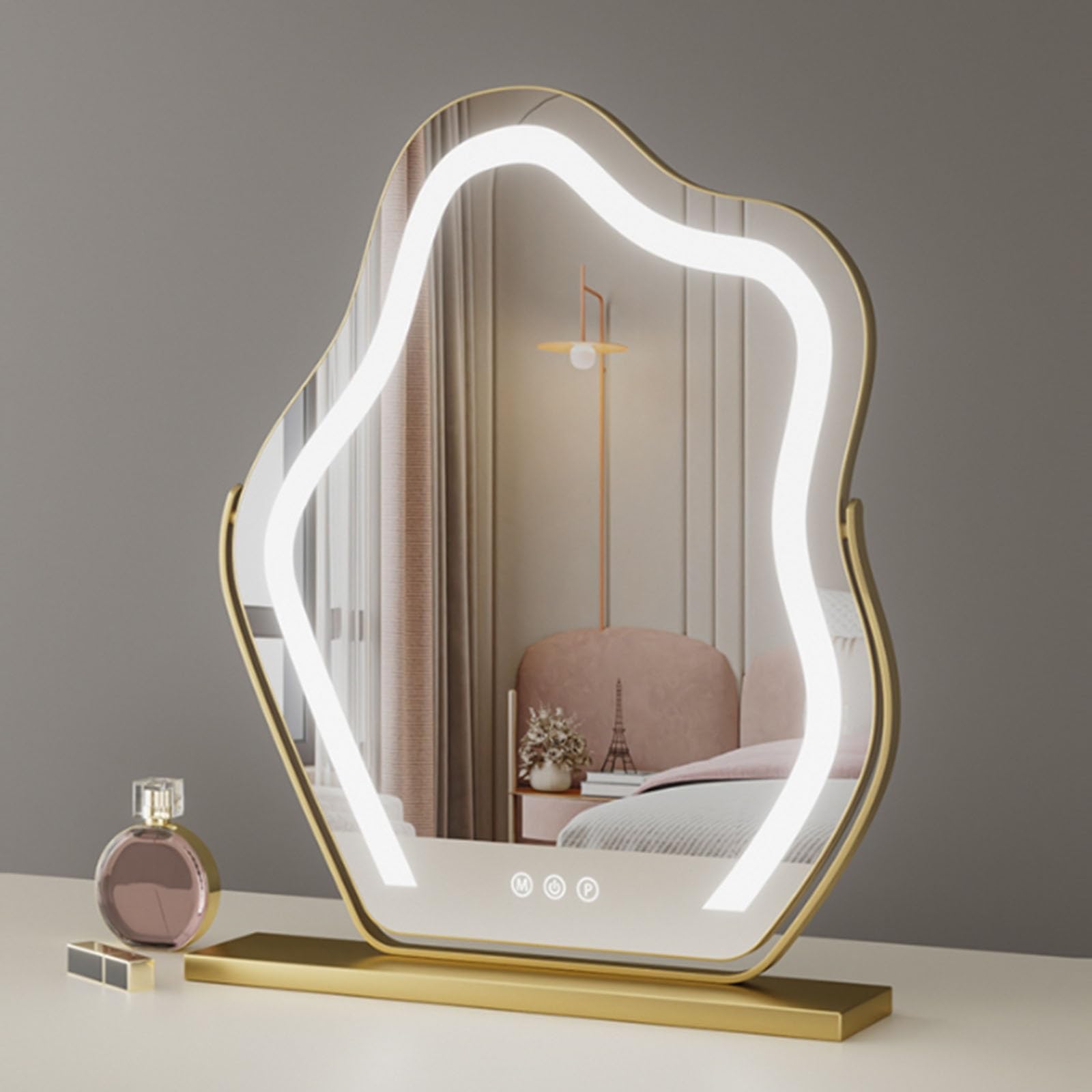 SXFSDOU Rechargeable LED Lighted Makeup Vanity Mirror with Cloud Shape Design Gold Color 46x58cm Desktop Cosmetic for Bathroom and Bedroom