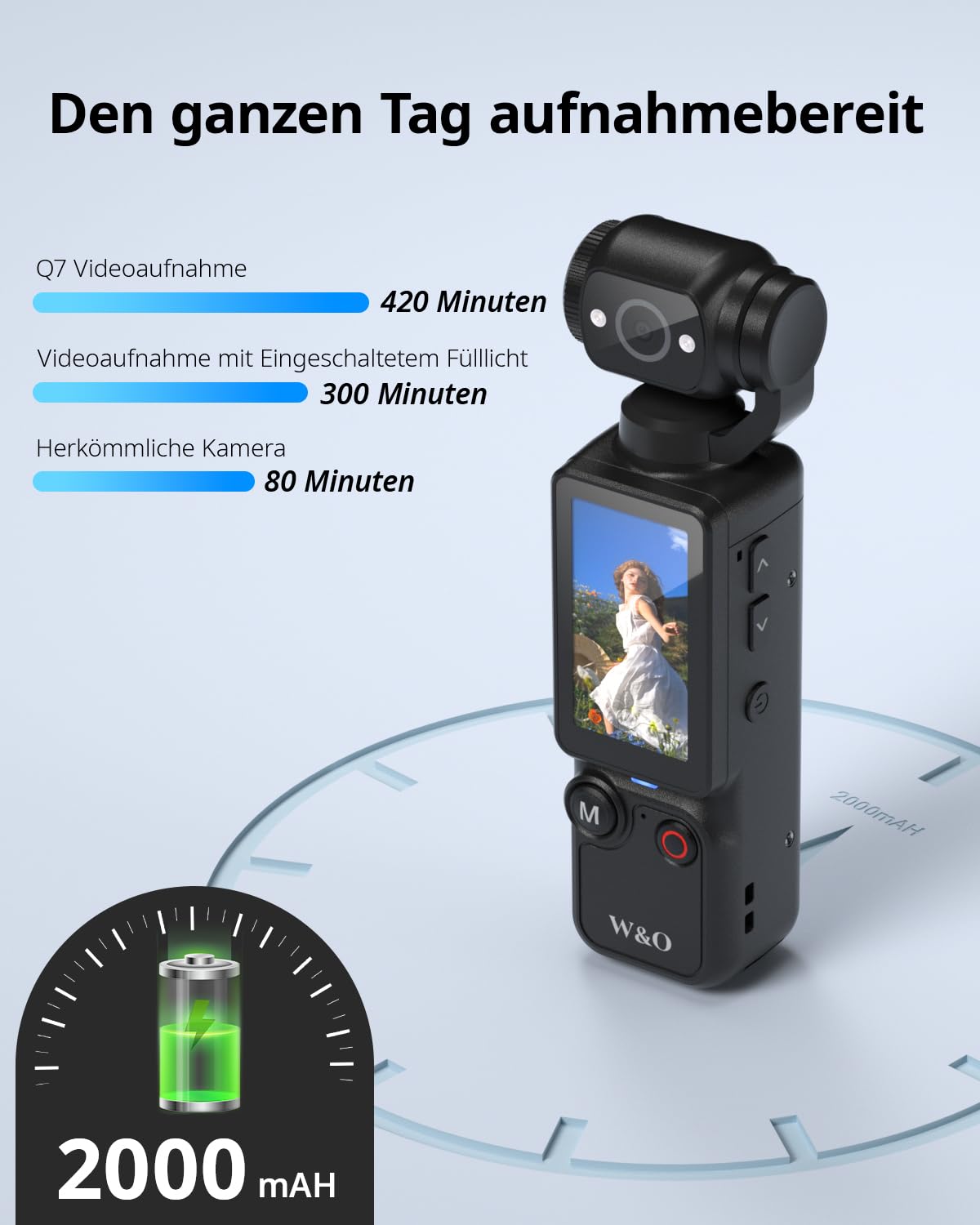 W & O Vlog Kamera mit 180° Drehbarer Objektiv,2,5K Taschen Körperkamera Bodycam mit Audio&Video Aufnahme,7 Stunden Akku,Tragbare Handheld Vlogging Camera POV Kamera mit Aufhelllicht,32GB Karte,Schwarz