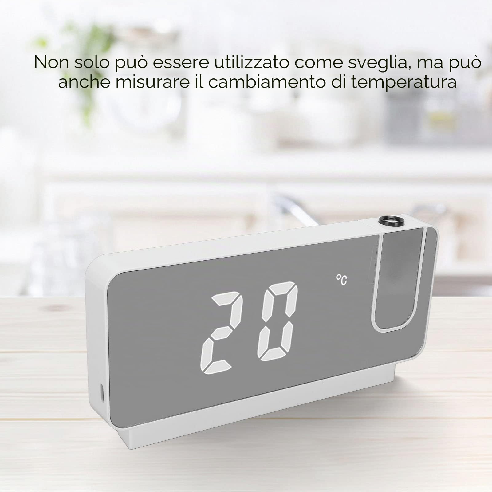 Orologio Digitale con Proiezione LED per Camera da Letto, Sveglia con Display di Ora, Data e Temperatura, Proiettore Regolabile 180° per Parete e Soffitto, USB Caricabile (Bianco)