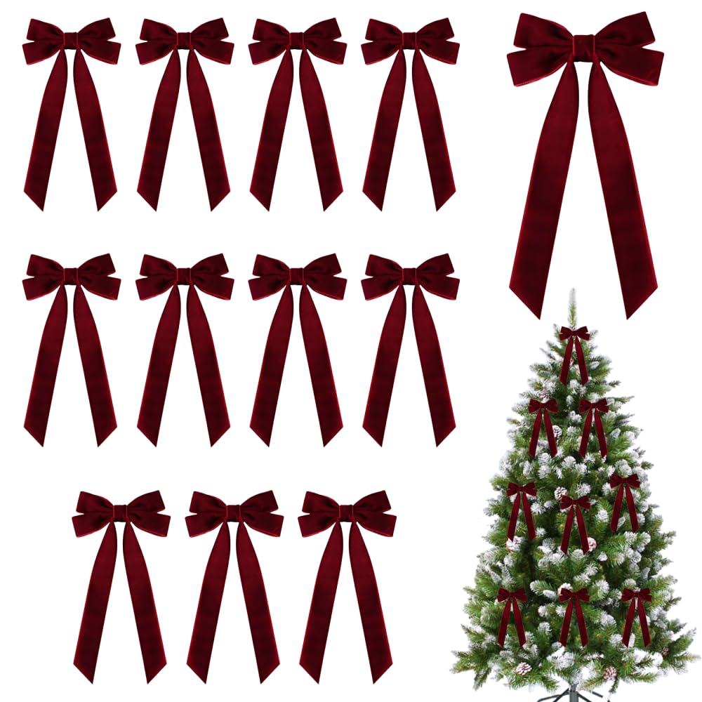 MiOYOOW 12PCS Valentine Bow Decors, 8.7 * 5.1" Soft Vintage Tree Topper Bows, Valentine Bow Ornaments for Home Thanksgiving Party Holiday Decoration