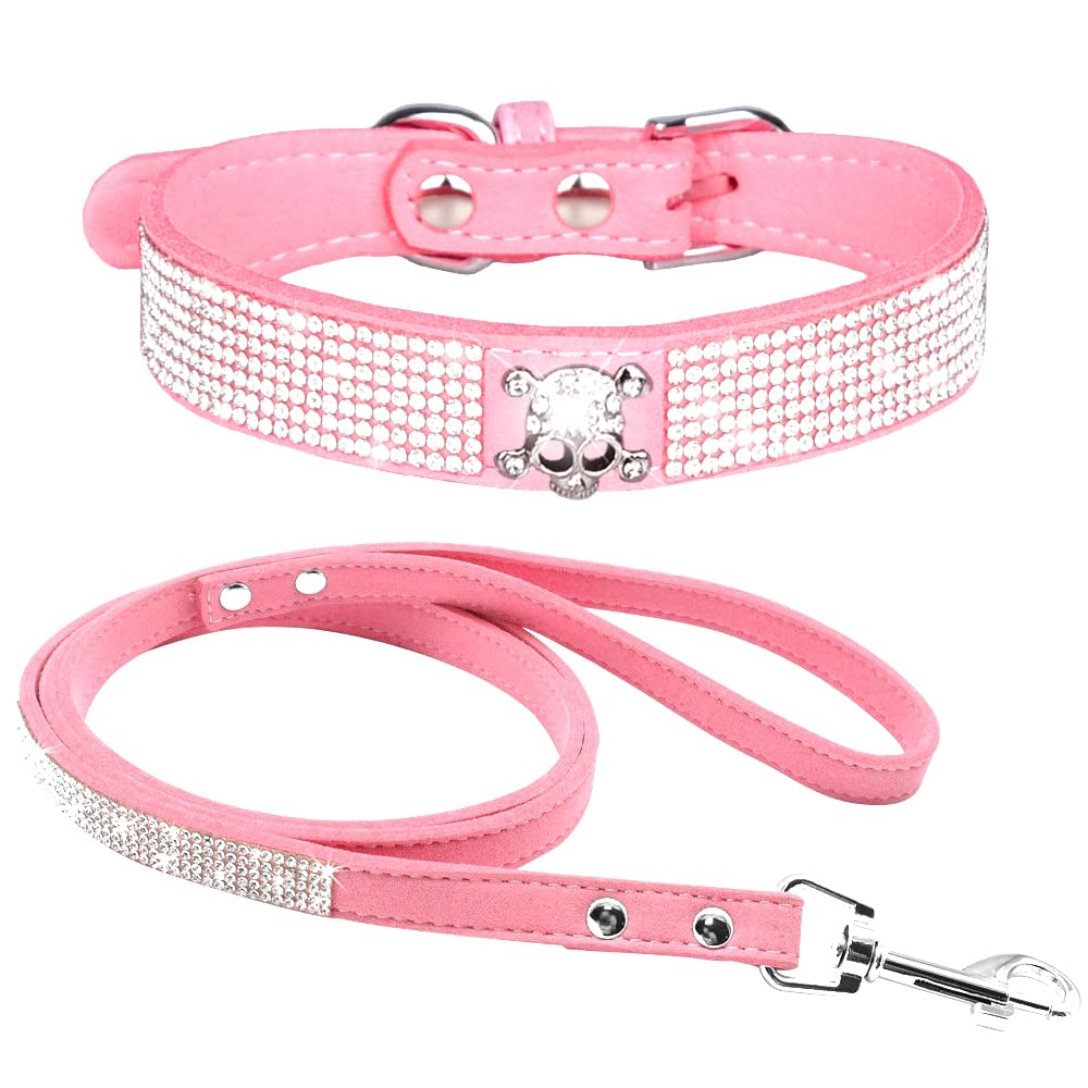 haoyueer Cute Dazzling Sparkling Elegant Fancy Soft Suede Leather Bling Rhinestone Crystal Jeweled Pet Cat Dog Puppy Collar Dog Leash Combo Set (XS, Pink-1) — view 11
