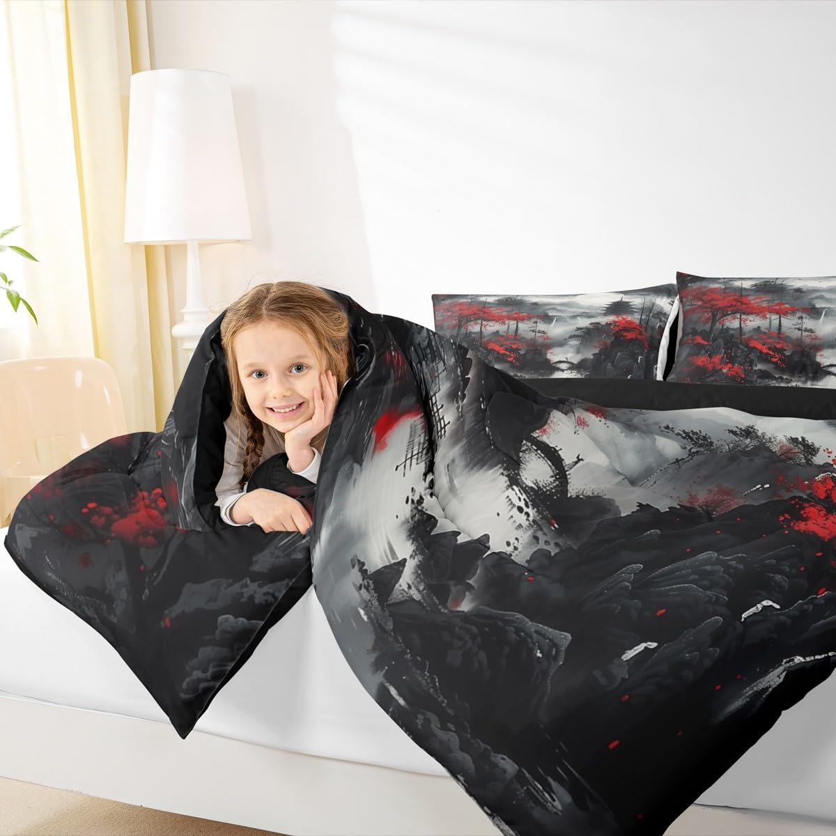 jejeloiu Japanese Bedding Set Soft for Boys Girls, Forest Comforter Set Queen Size Asian Scenic Duvet Quilt Microfiber Bedroom Decor 3 Pcs with 2 Pillow Cases