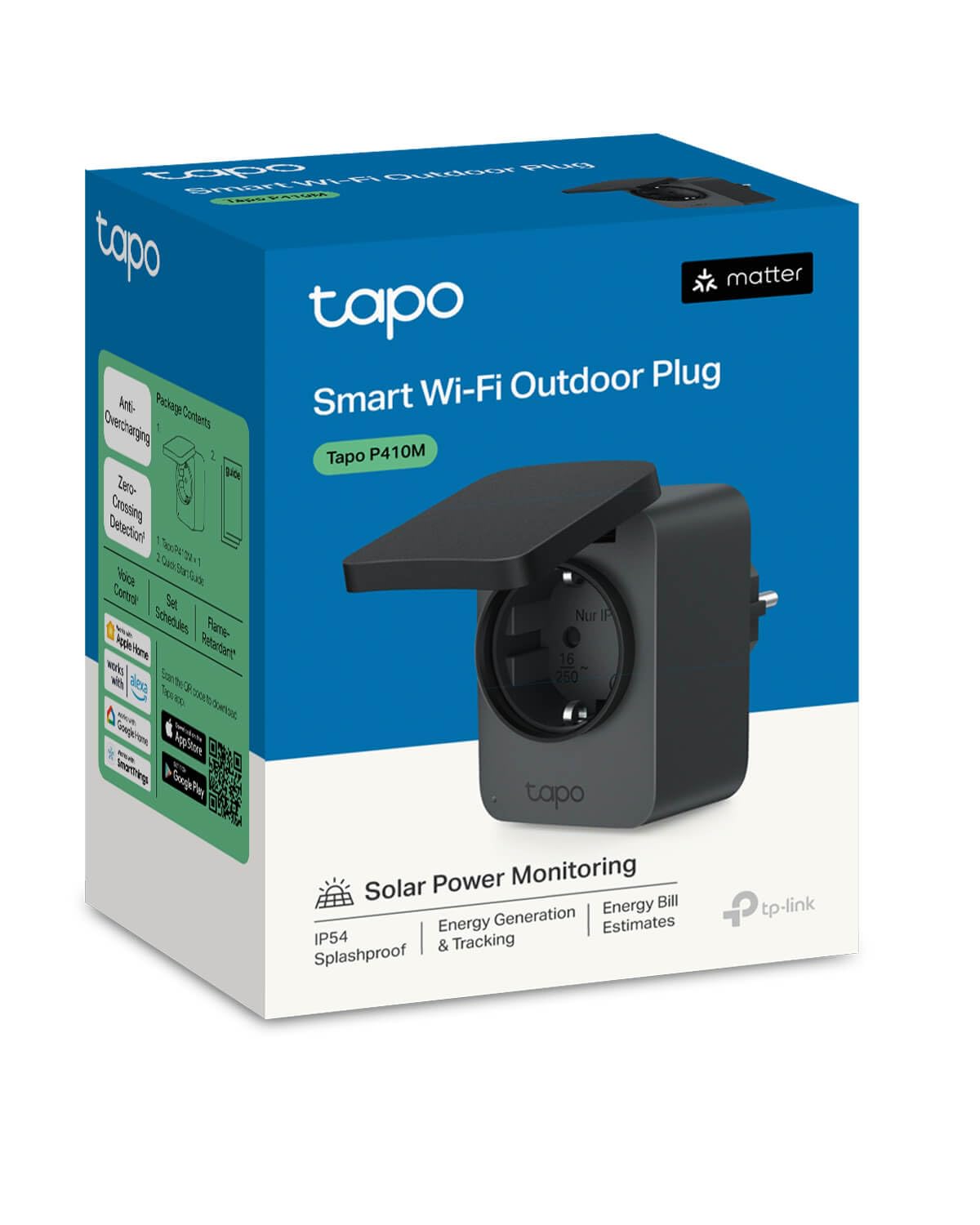 Tapo Prise Connectée Extérieure WiFi Matter, Prise Programmable Extérieure 16A IP54 Étanche, Suivi Consommation Énergie, Commande Vocale/à Distance, Compatible Home Kit, Alexa, Google Home Tapo P410M