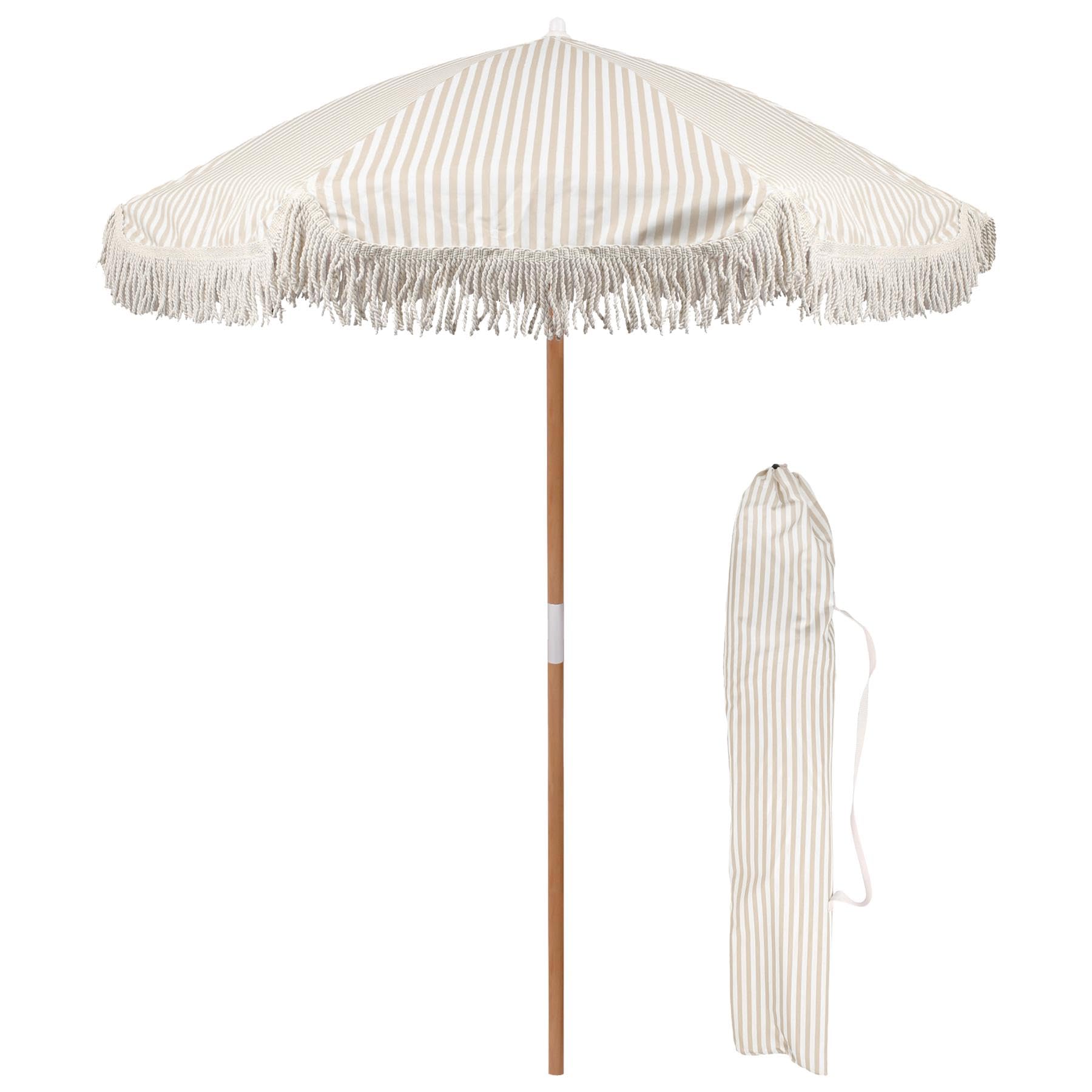 Harbour Housewares Beige Stripe 1.4M Wooden Garden Parasol With Tassel Fringe - 1X Upf30+ Waterproof Portable Free-Standing Outdoor Patio Sun Umbrella Canopy Table Shade With Carry Bag