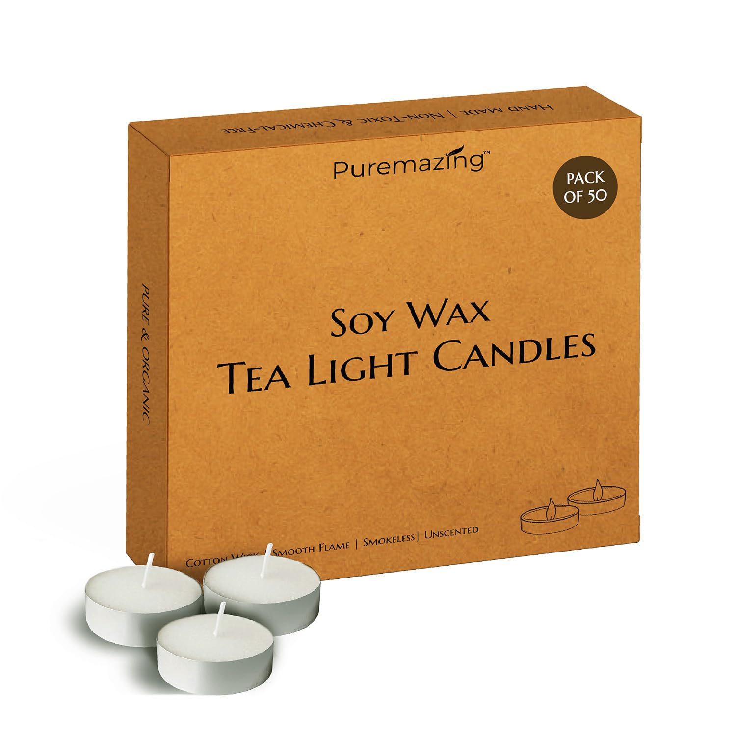 premium tea lights candles | 100% soy candle wax | 3 hours burn time | chemical free & non toxic | unscented tea light candle | set of 50 | ideal for home decor