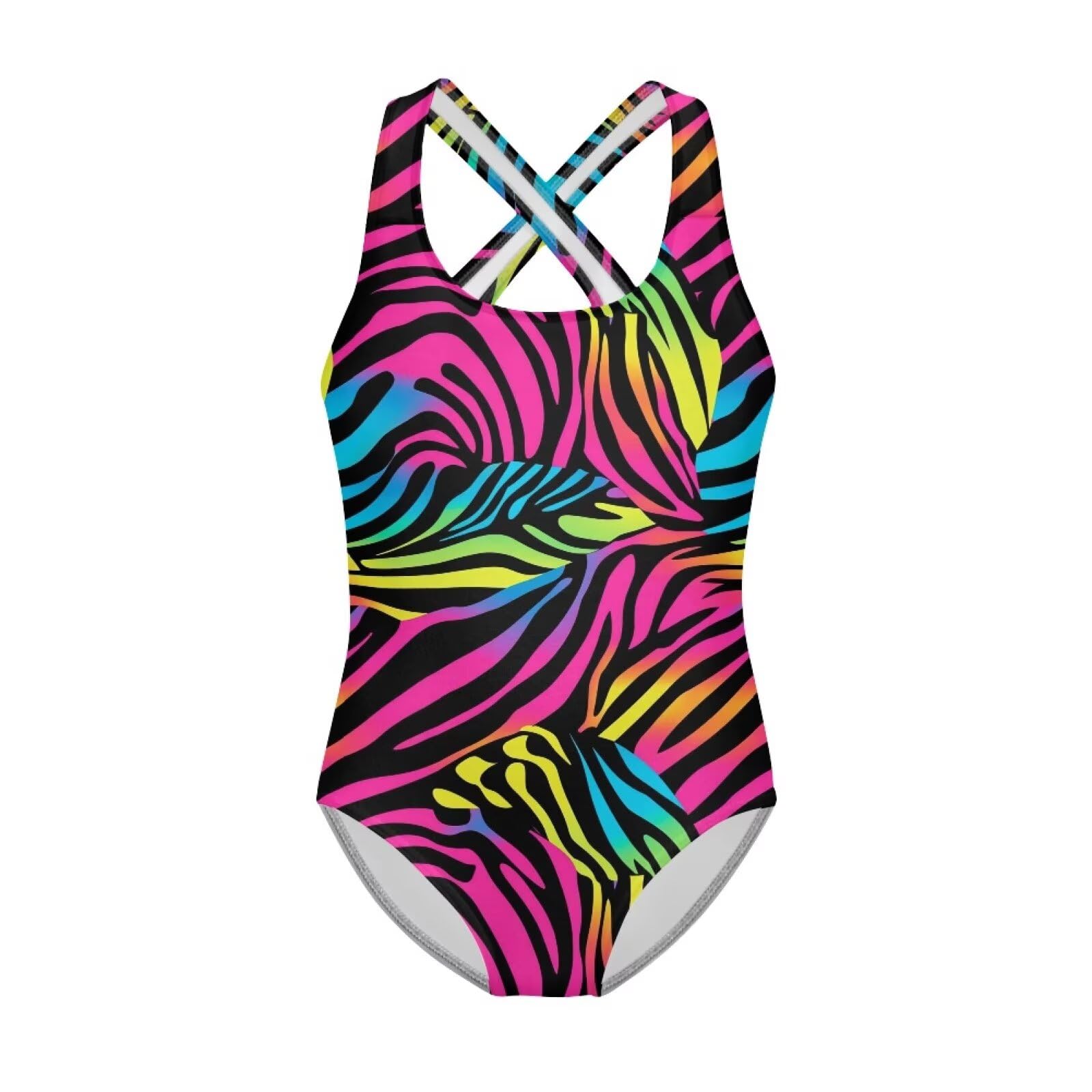 JUDENTIDOS Rainbow Tiger Stripes Print One Piece Bathing Suit for Girls Cute Gymnastics Leotards Sleeveless Crisscross Swimsuits 5-14Y