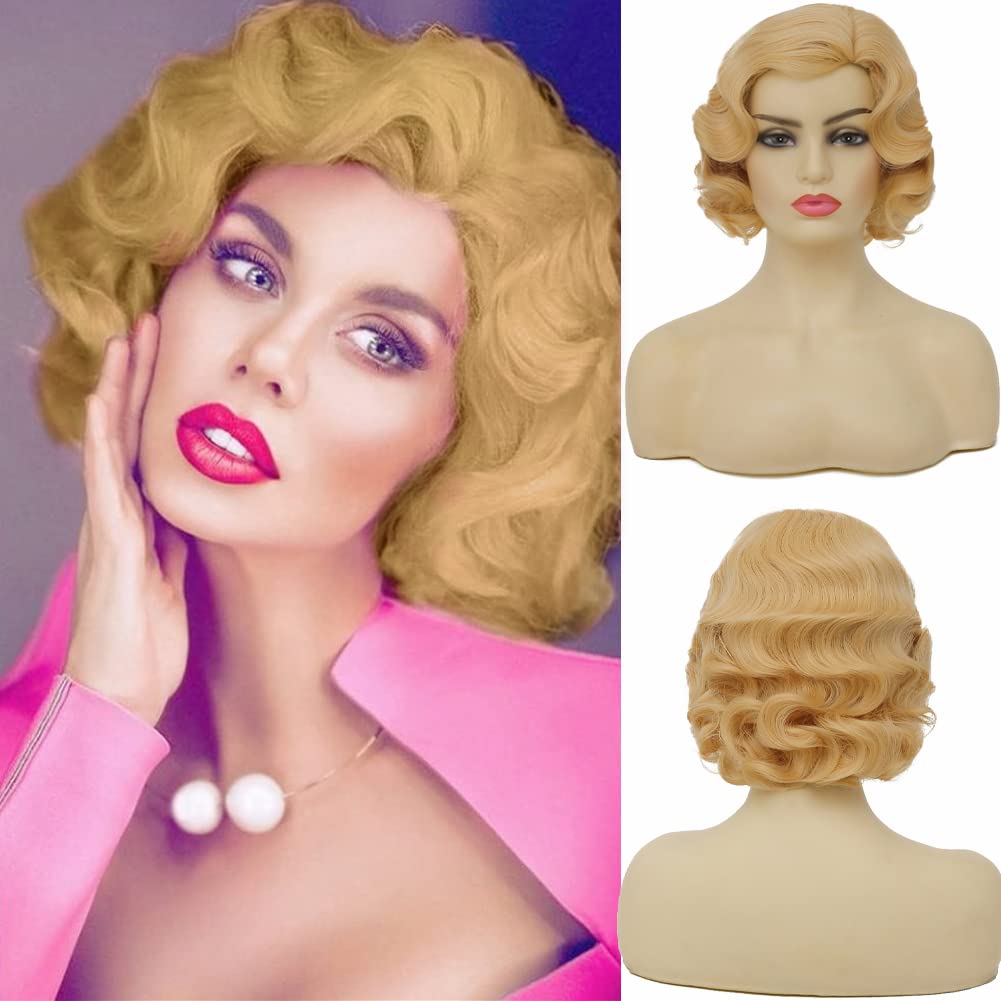 Swiking Short Curly Blonde Wigs for Women Finger Wave Wig Side Part Lady Synthetic 1920s Vintage Flapper Wig (Blonde)