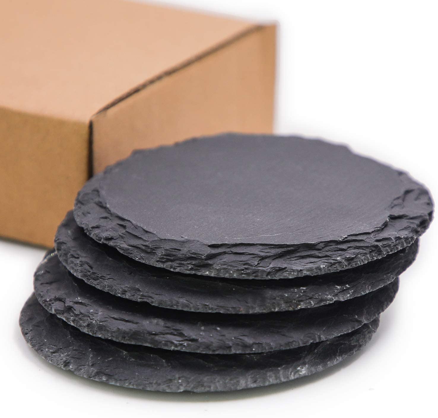 ELECDON 4 Pieces Slate Coasters 4 Inch Round Slate Coasters Rustic Black Stone Coasters with Anti-Scratch Backing for Home Decoration, Bar Drinks, Kitchen, Any Style Table