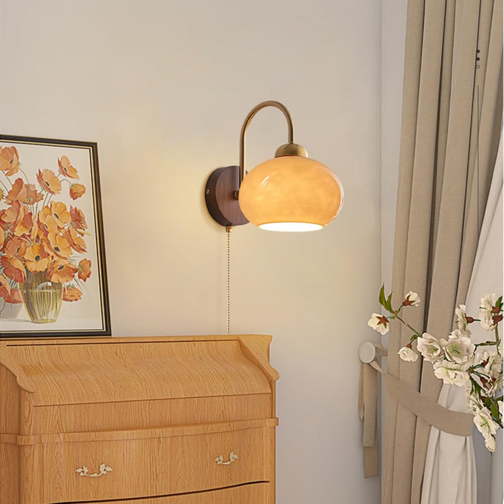 Mjsdjof Retro Wall Lamp Bedside Sconces Wall Lighting with Glass Shade, E27 Socket, Pull Switch, Gold Gooseneck Arm, Bathroom Vanity Light Walnut Base Wall Lights for Dining Room Living Room Bedroom