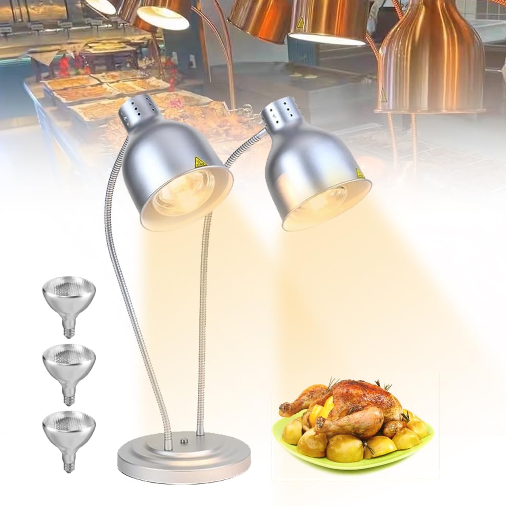 JKJZSALJ Commercial Food Warmer Lamp With Dual Heads And 250W Bulb For Buffet And Restaurant Use,Silver